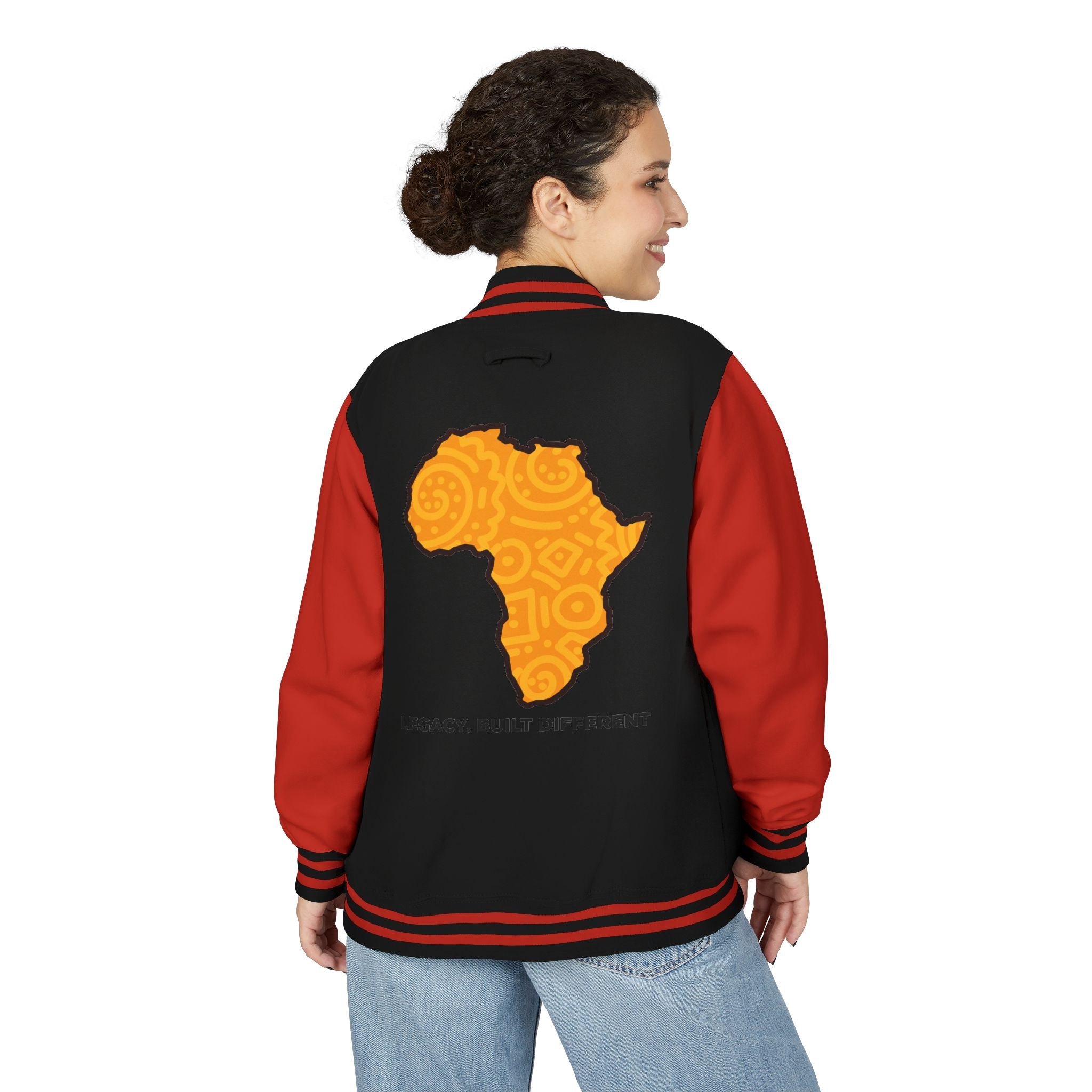 Africa Pattern Letterman Jacket — "Legacy. Built Different" Varsity Coat