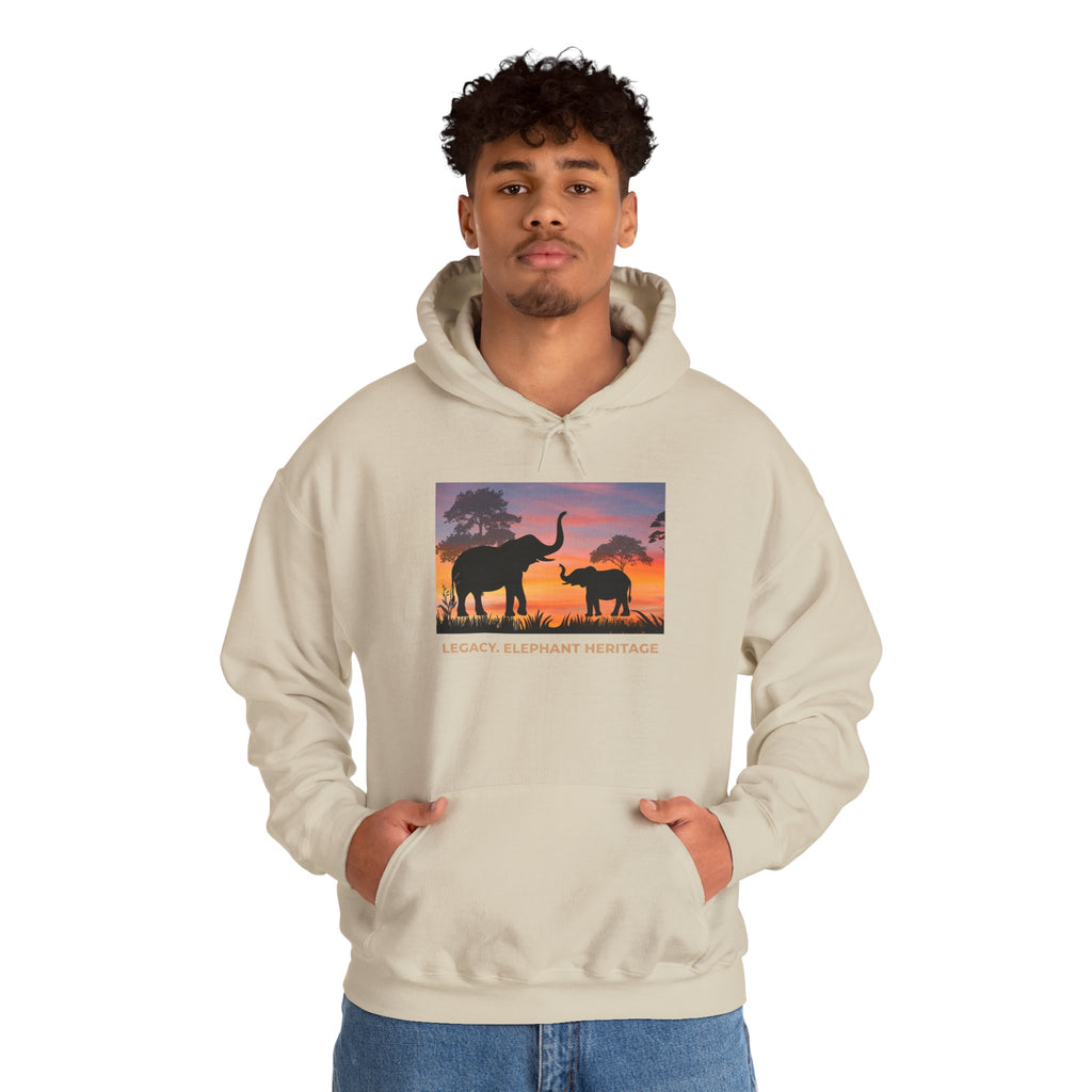 Elephant Heritage Hoodie — Sunset Silhouette "Legacy. Elephant Heritage"