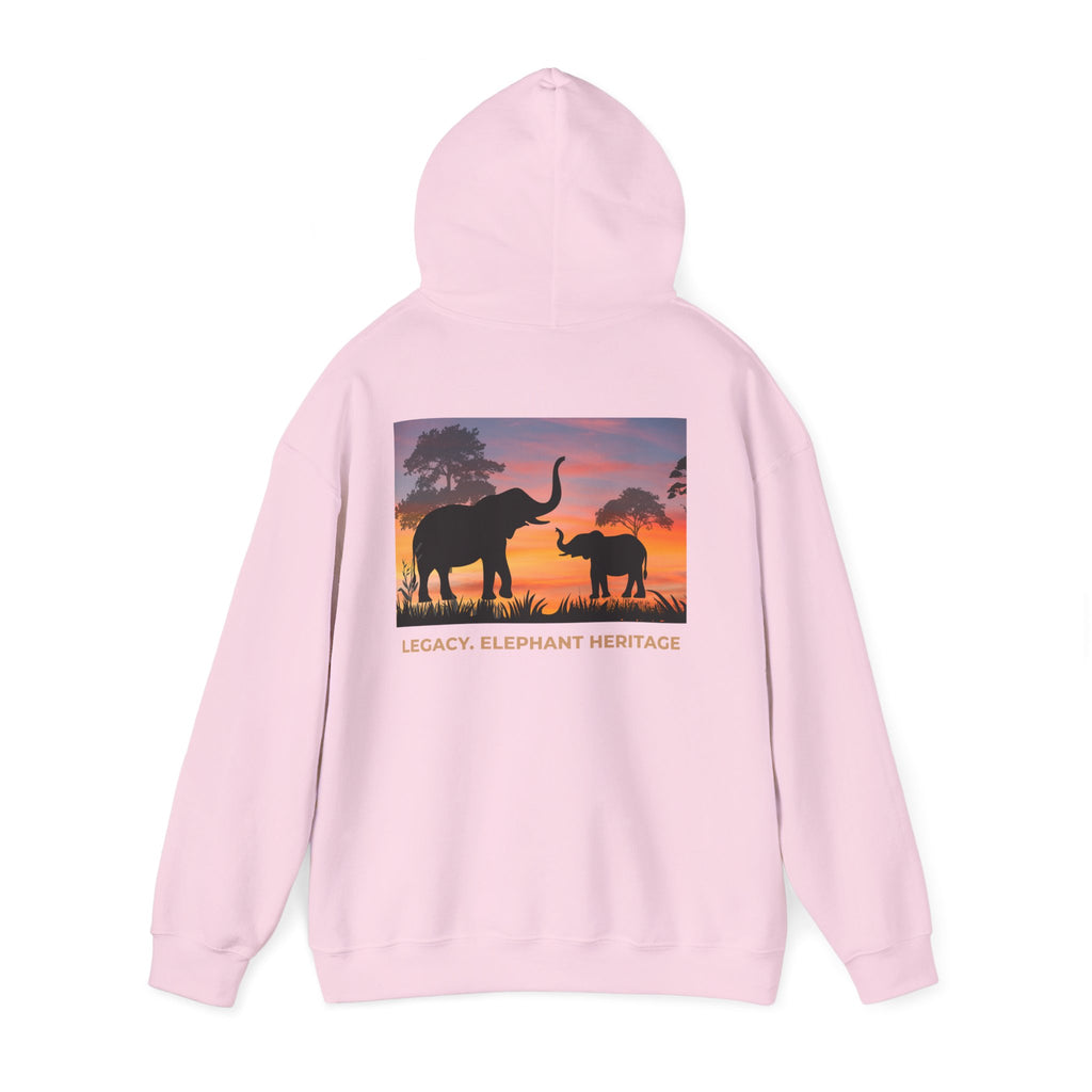 Elephant Heritage Hoodie — Sunset Silhouette "Legacy. Elephant Heritage"