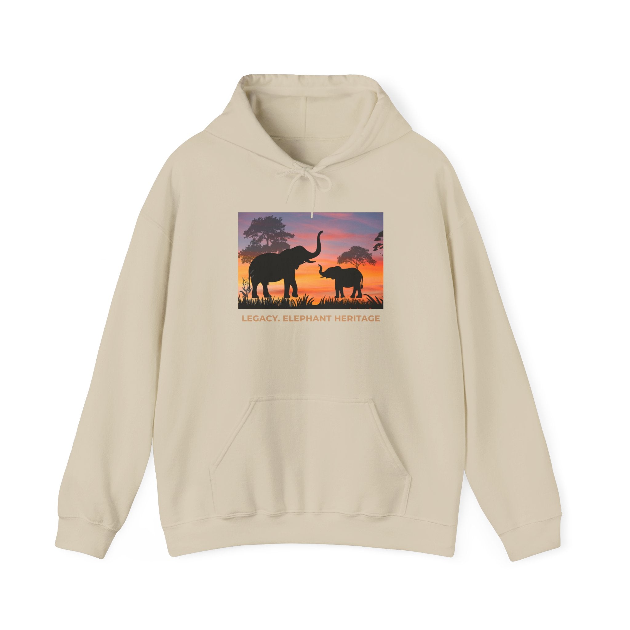 Elephant Sunset Hoodie — "Legacy, Elephant Heritage" Graphic Sweatshirt