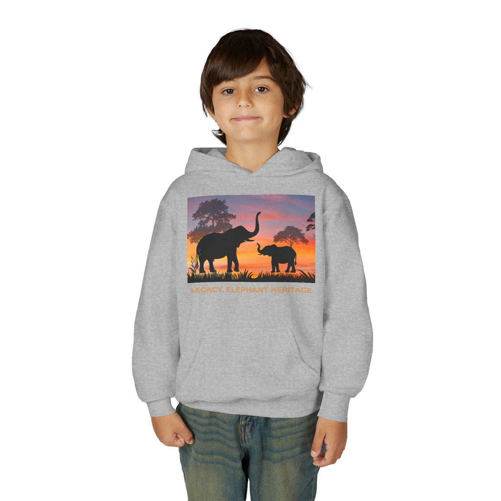 Elephant Sunset Youth Hoodie — "Legacy. Elephant Heritage" Graphic