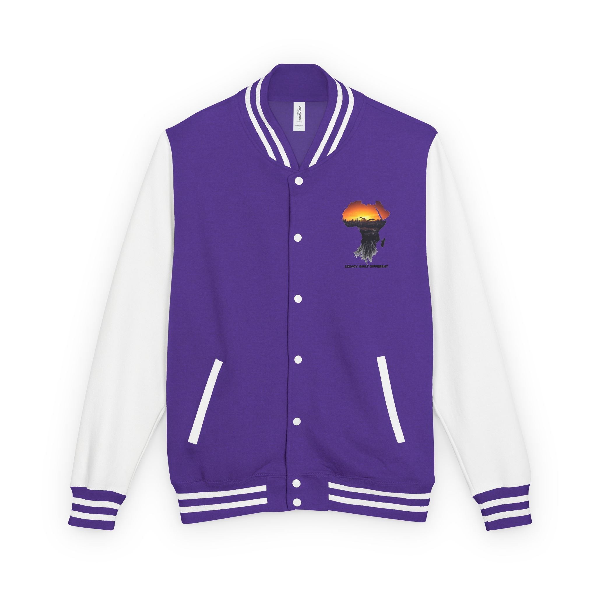 Letterman Jacket — Africa Sunset Map Design ("Legacy. Built Different.")
