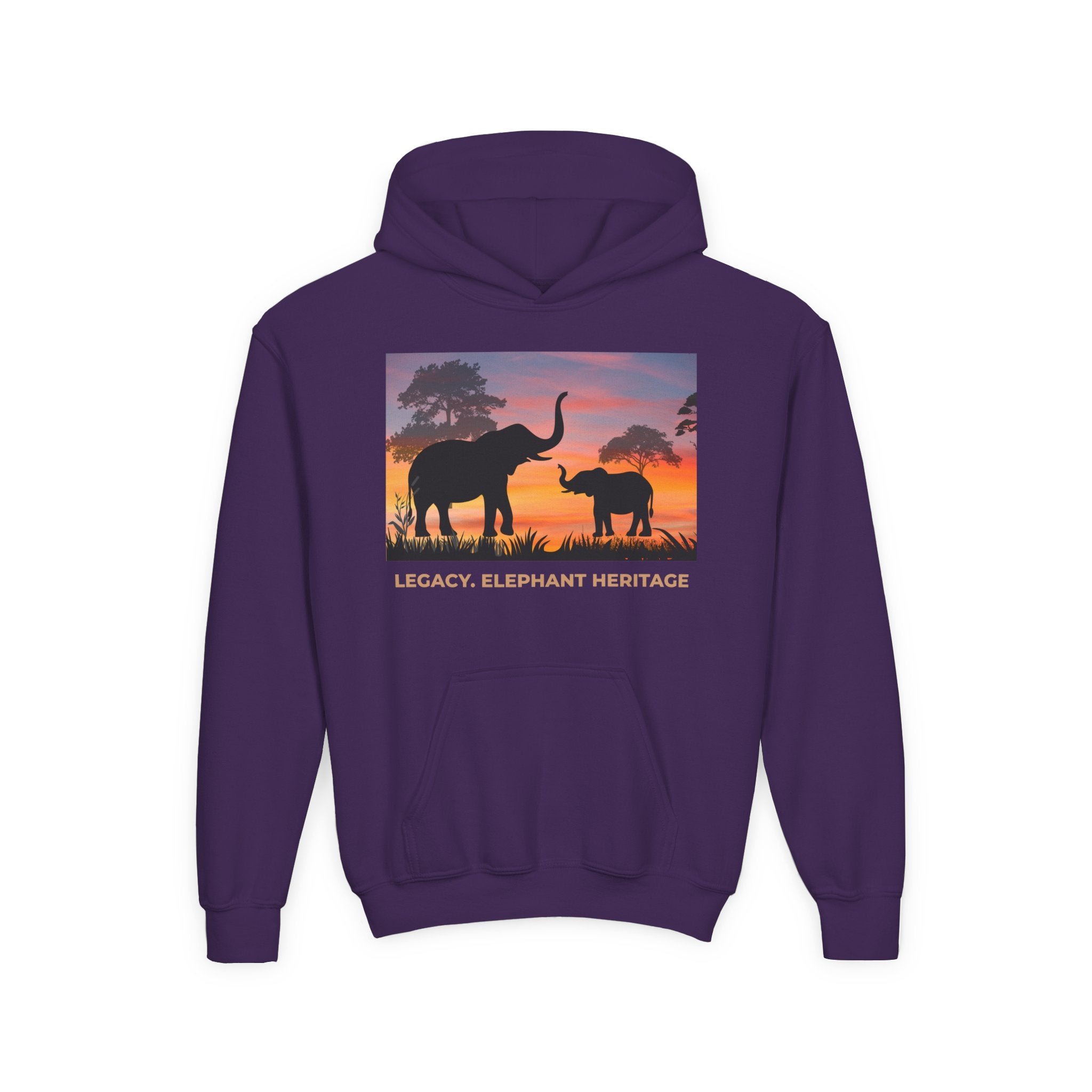 Elephant Sunset Youth Hoodie — "Legacy. Elephant Heritage" Graphic