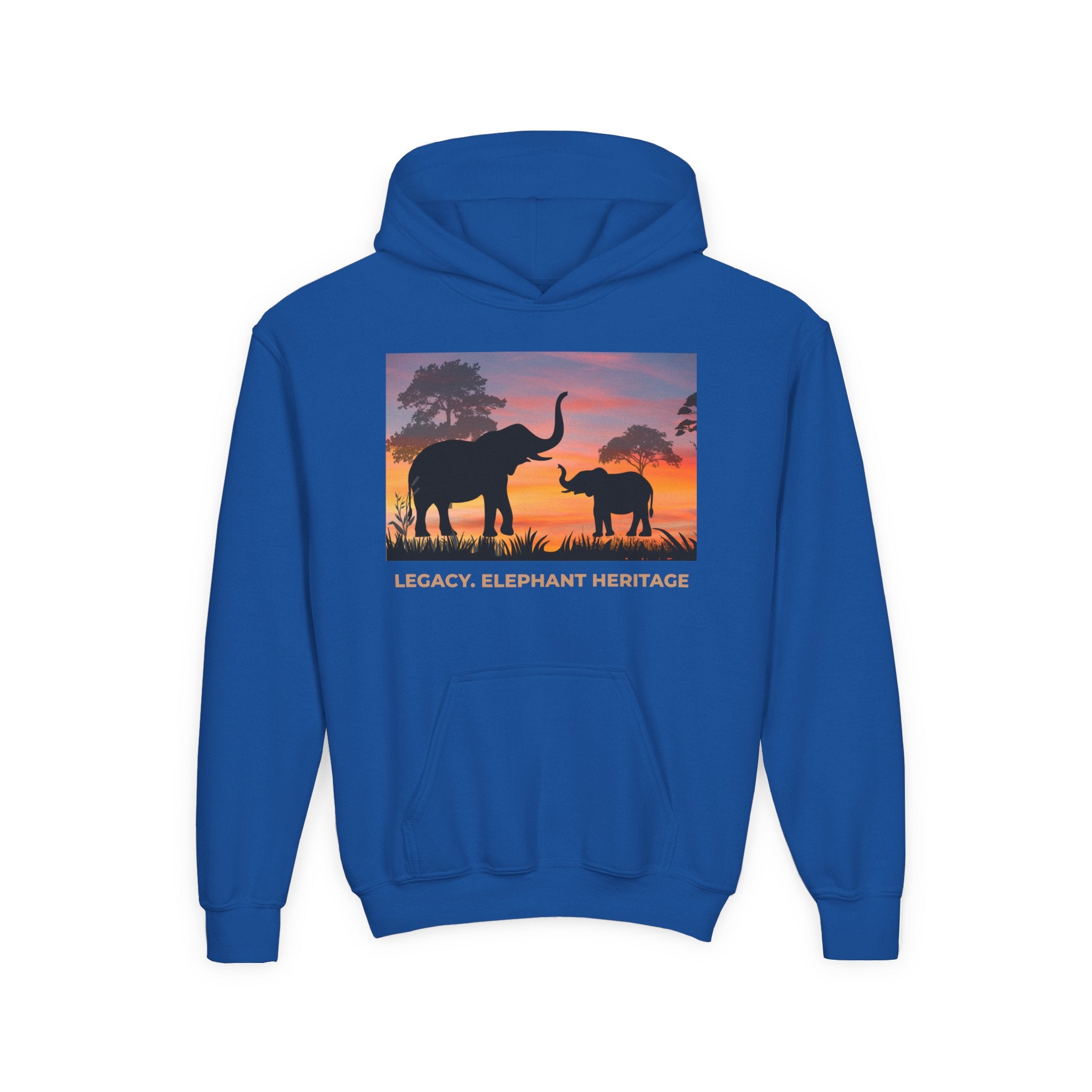 Elephant Sunset Youth Hoodie — "Legacy. Elephant Heritage" Graphic