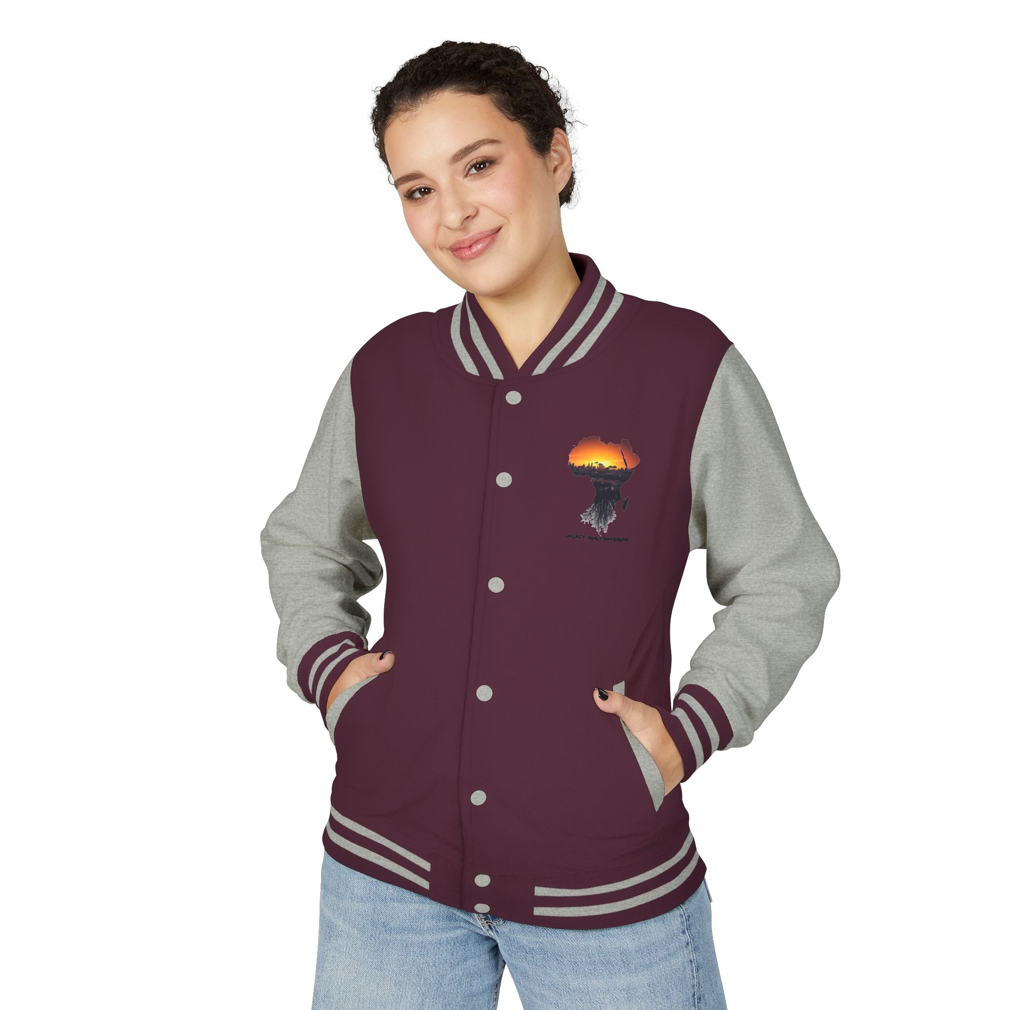 Letterman Jacket — Africa Sunset Map Design ("Legacy. Built Different.")