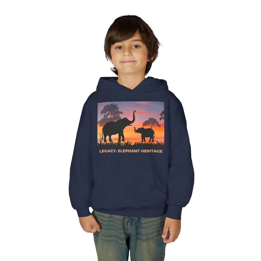 Elephant Sunset Youth Hoodie — "Legacy. Elephant Heritage" Graphic