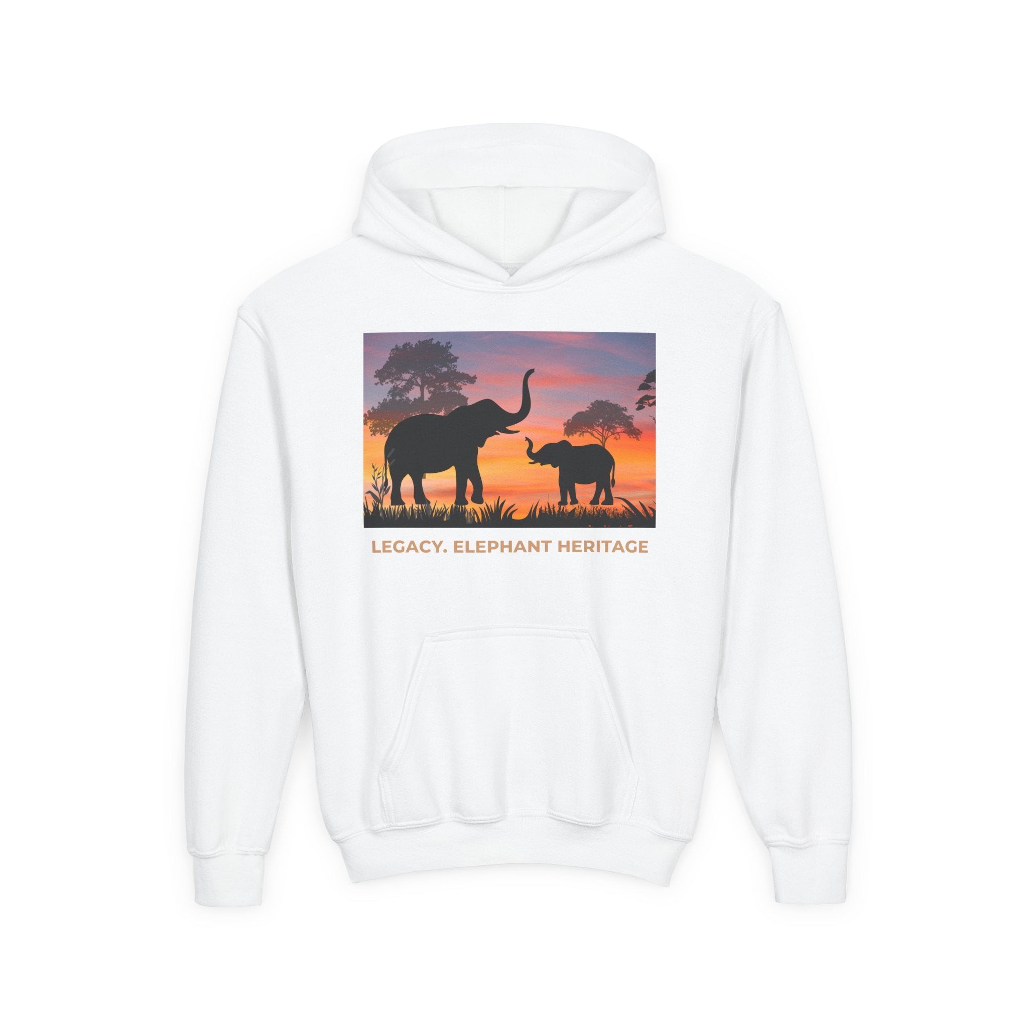 Elephant Sunset Youth Hoodie — "Legacy. Elephant Heritage" Graphic