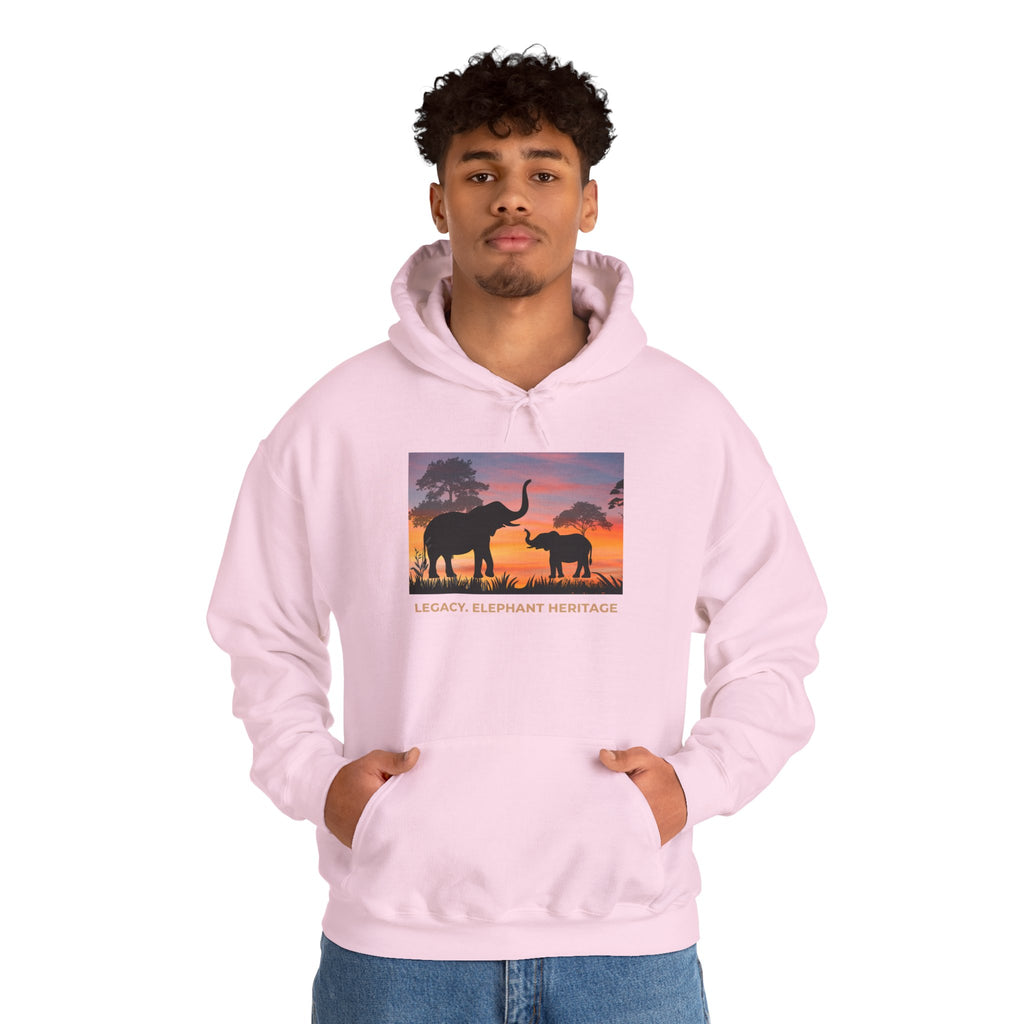 Elephant Heritage Hoodie — Sunset Silhouette "Legacy. Elephant Heritage"