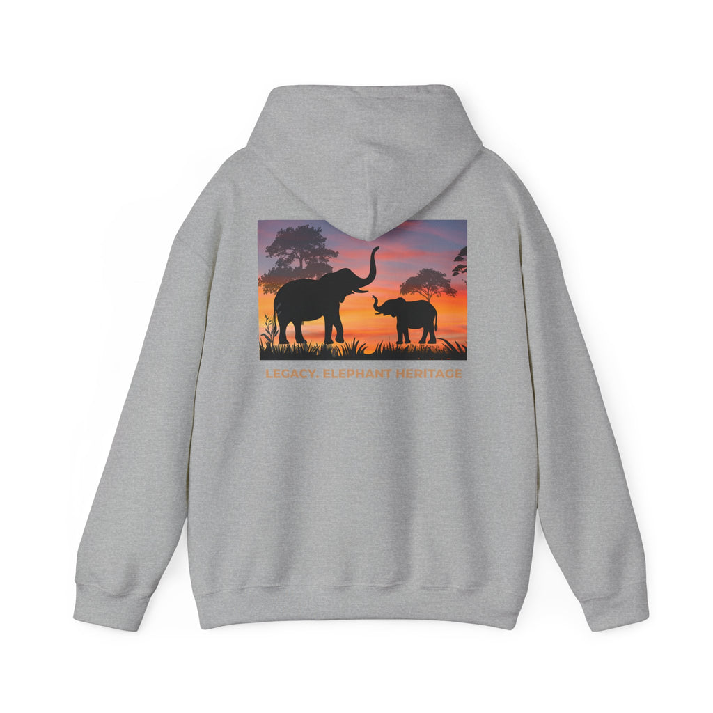 Elephant Heritage Hoodie — Sunset Silhouette "Legacy. Elephant Heritage"
