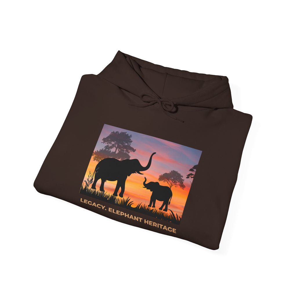 Elephant Sunset Hoodie — "Legacy, Elephant Heritage" Graphic Sweatshirt