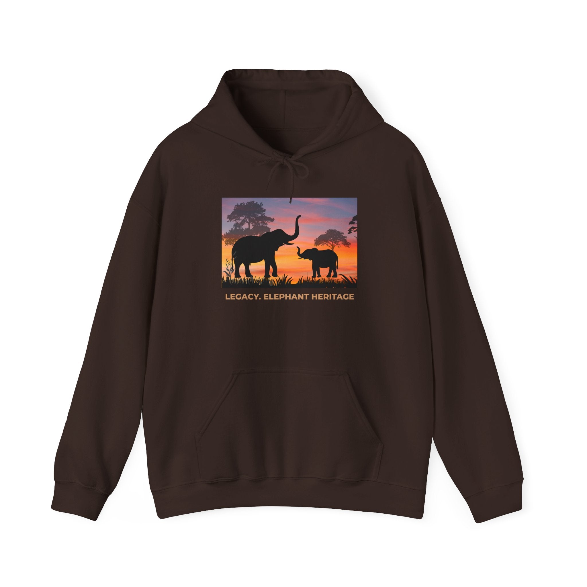Elephant Sunset Hoodie — "Legacy, Elephant Heritage" Graphic Sweatshirt