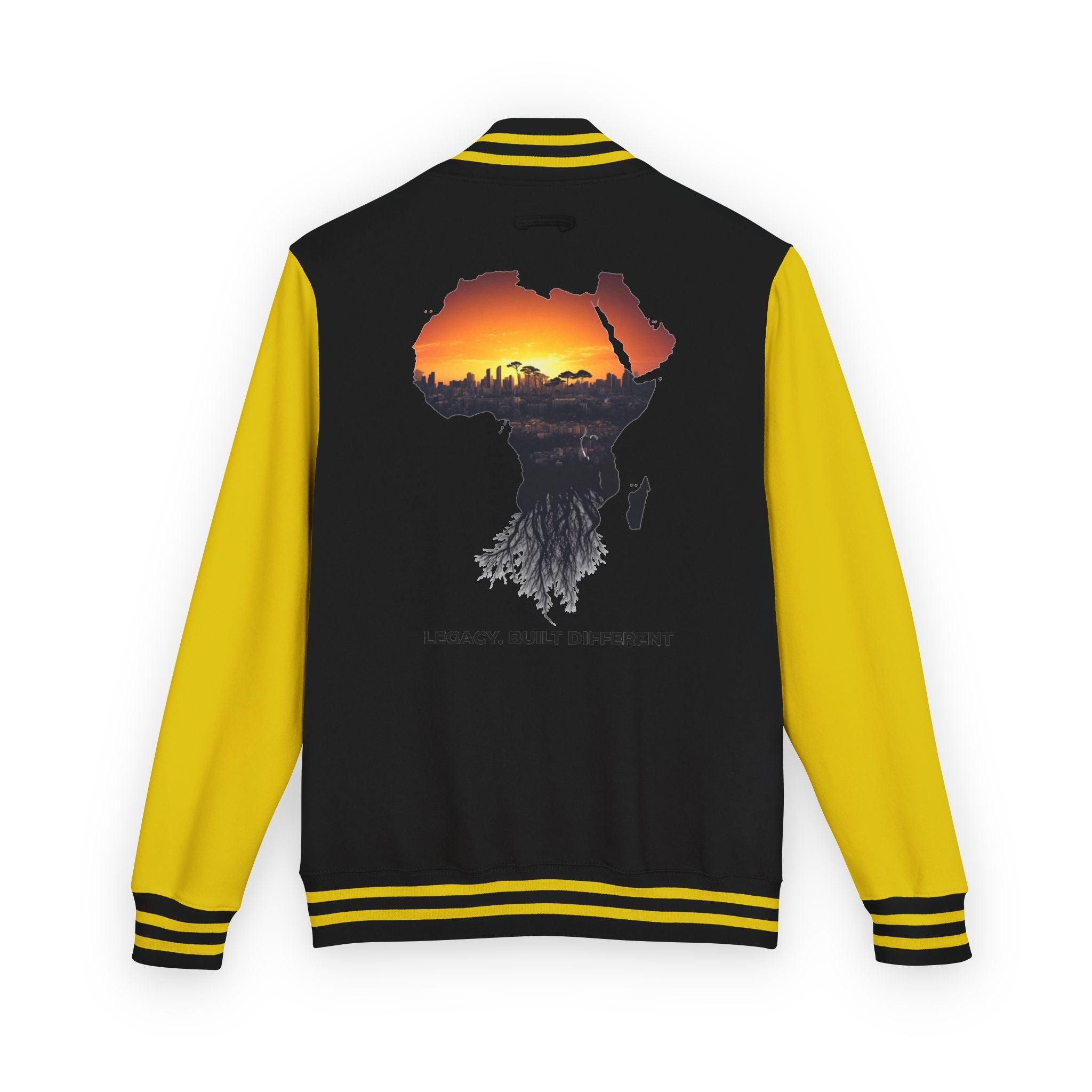 Letterman Jacket — Africa Sunset Map Design ("Legacy. Built Different.")