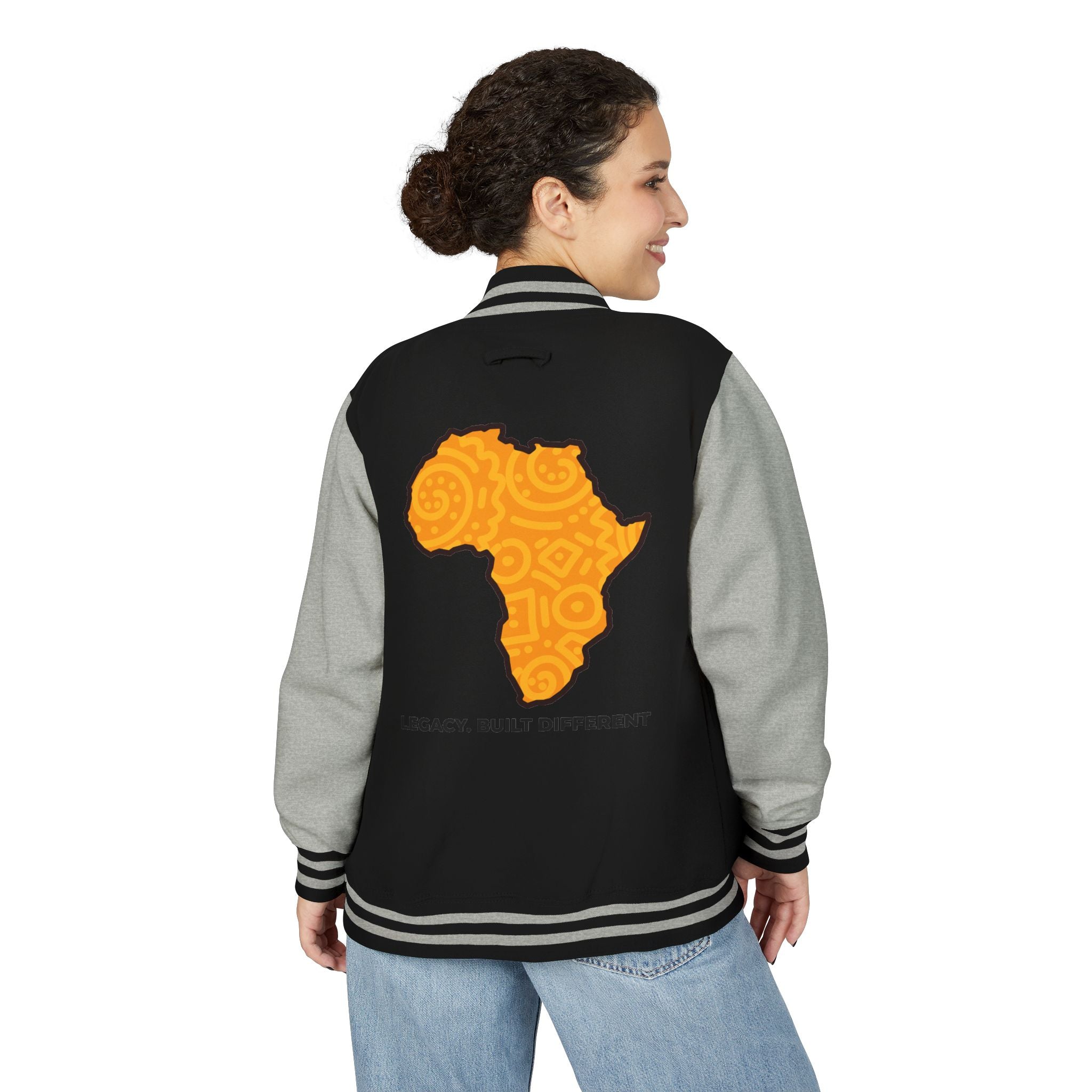 Africa Pattern Letterman Jacket — "Legacy. Built Different" Varsity Coat
