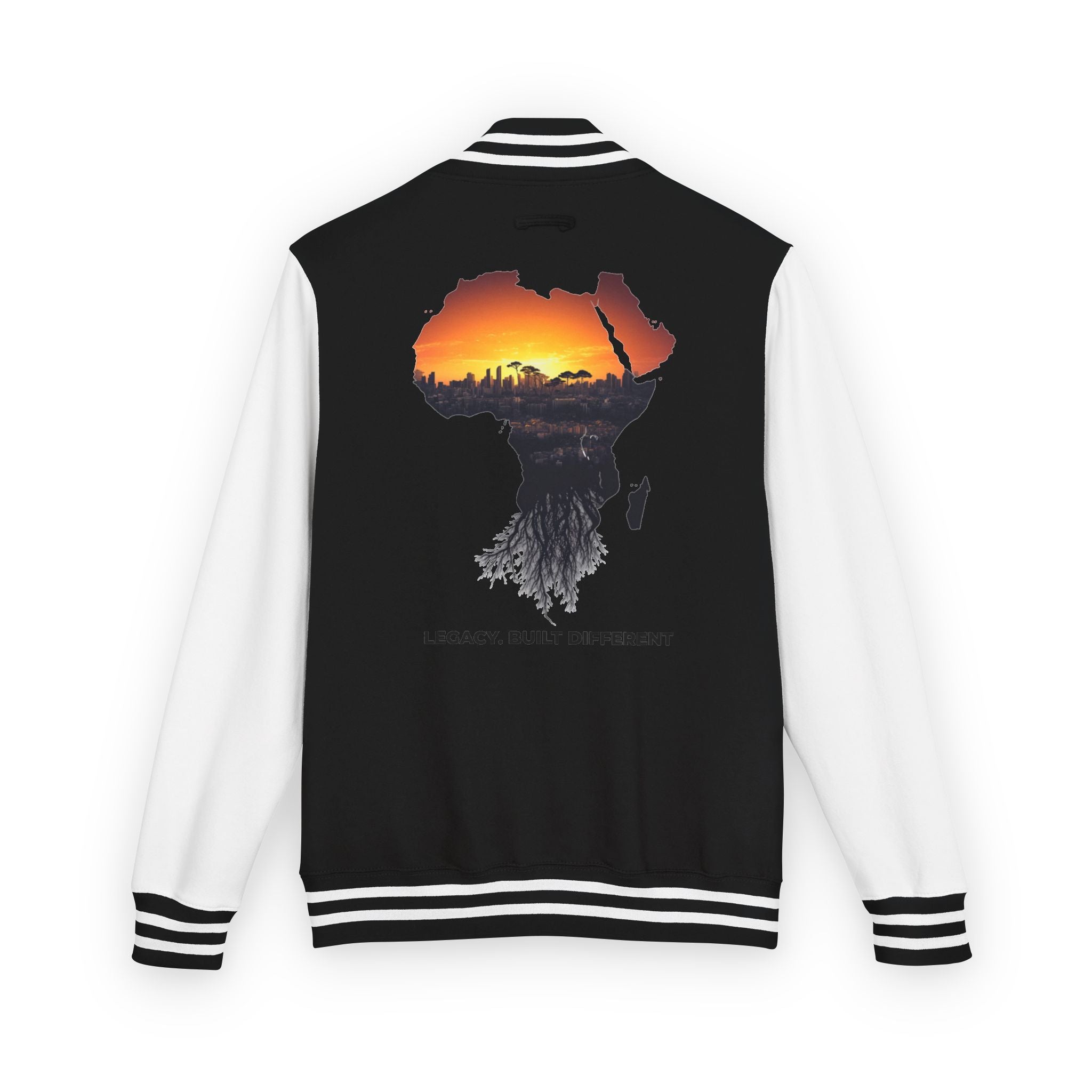Letterman Jacket — Africa Sunset Map Design ("Legacy. Built Different.")