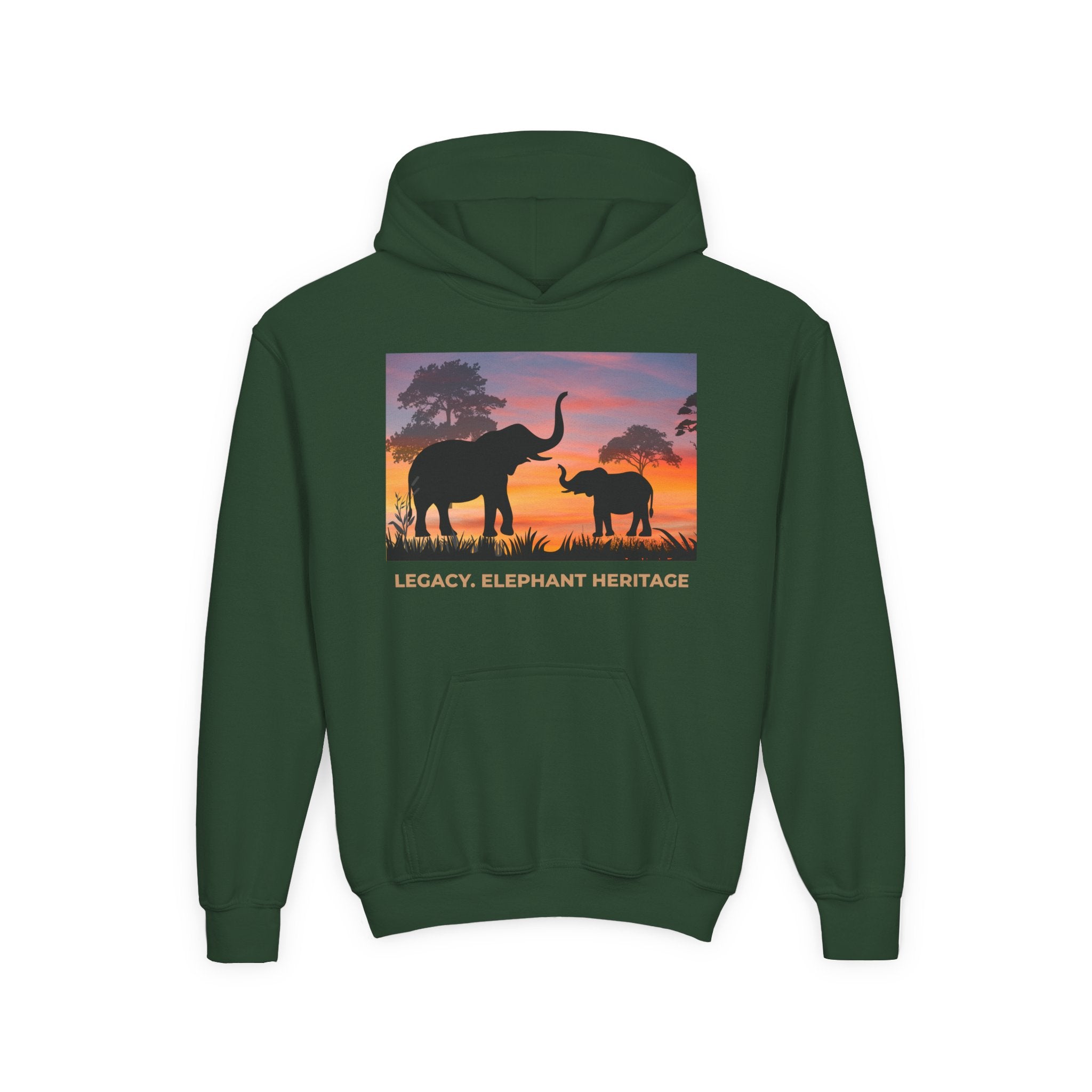 Elephant Sunset Youth Hoodie — "Legacy. Elephant Heritage" Graphic