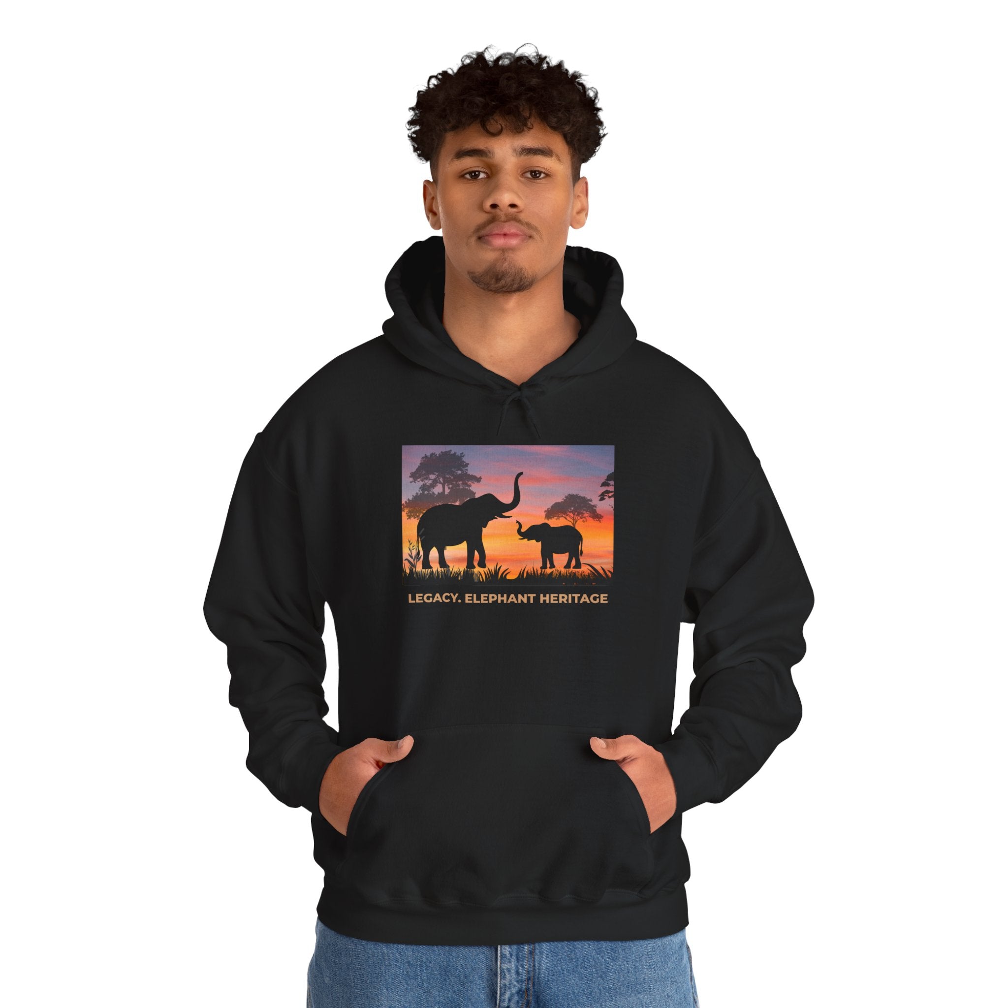 Elephant Heritage Hoodie — Sunset Silhouette "Legacy. Elephant Heritage"