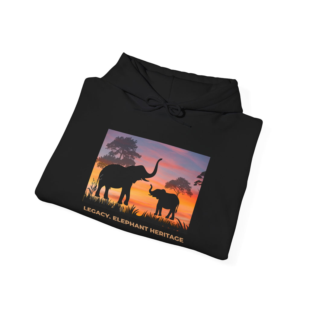 Elephant Sunset Hoodie — "Legacy, Elephant Heritage" Graphic Sweatshirt