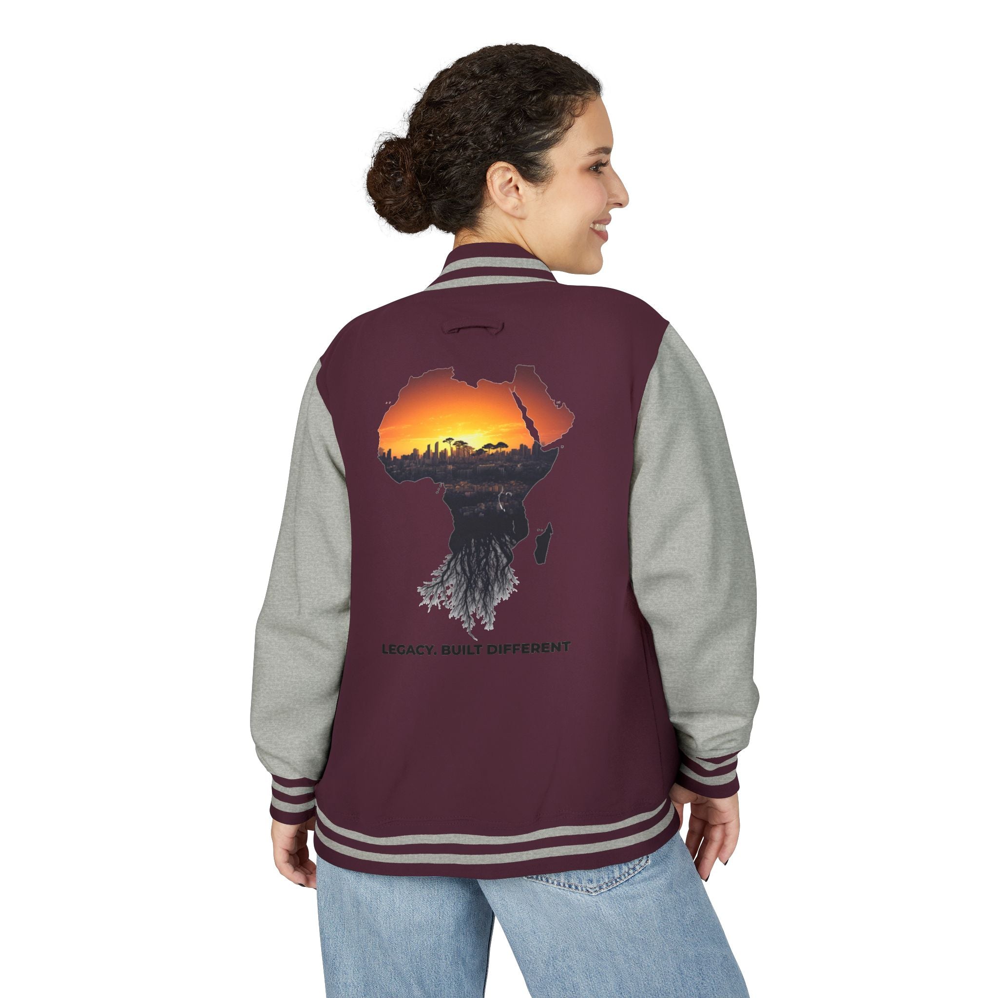 Letterman Jacket — Africa Sunset Map Design ("Legacy. Built Different.")