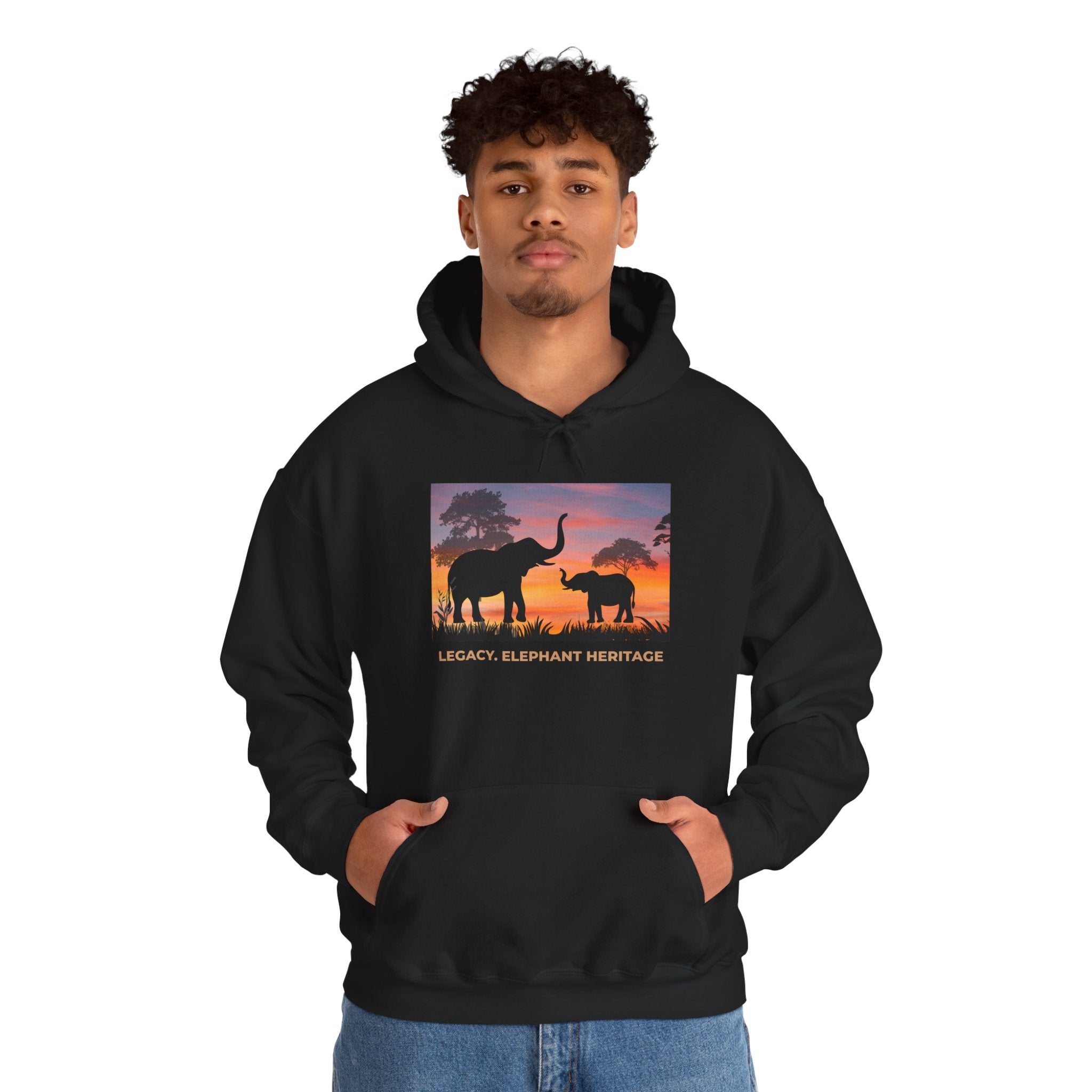 Elephant Sunset Hoodie — "Legacy, Elephant Heritage" Graphic Sweatshirt