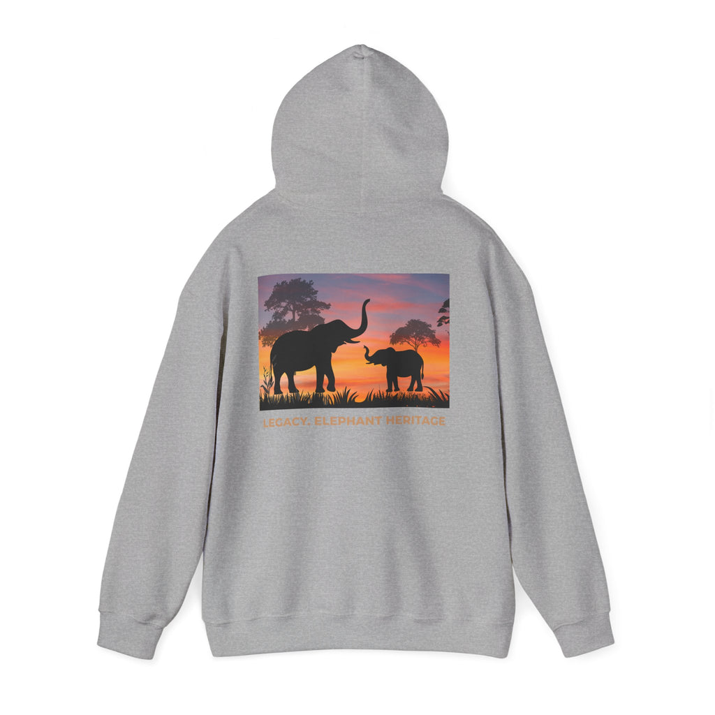 Elephant Heritage Hoodie — Sunset Silhouette "Legacy. Elephant Heritage"