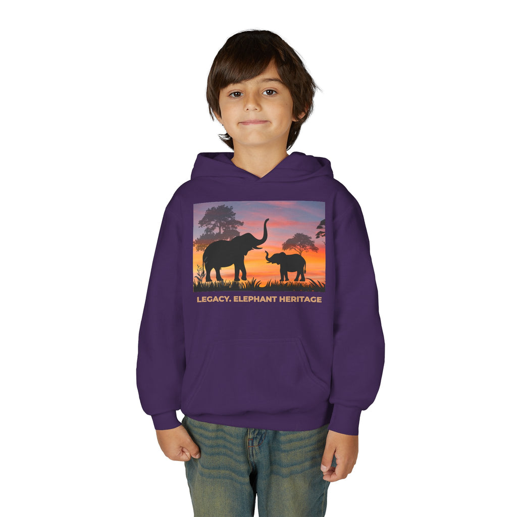 Elephant Sunset Youth Hoodie — "Legacy. Elephant Heritage" Graphic