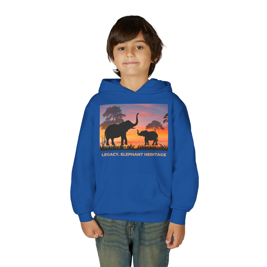 Elephant Sunset Youth Hoodie — "Legacy. Elephant Heritage" Graphic