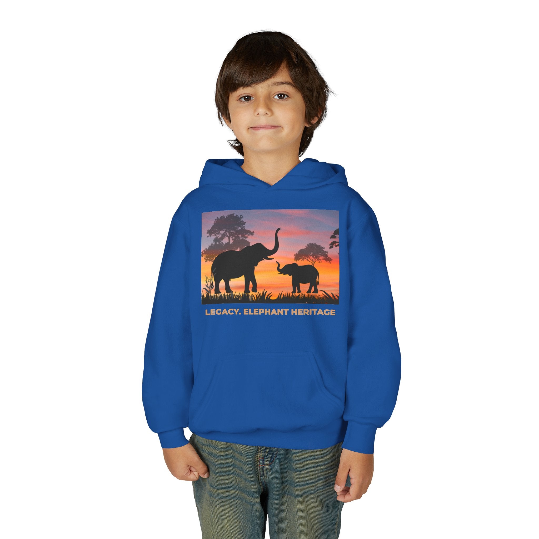 Elephant Sunset Youth Hoodie — "Legacy. Elephant Heritage" Graphic