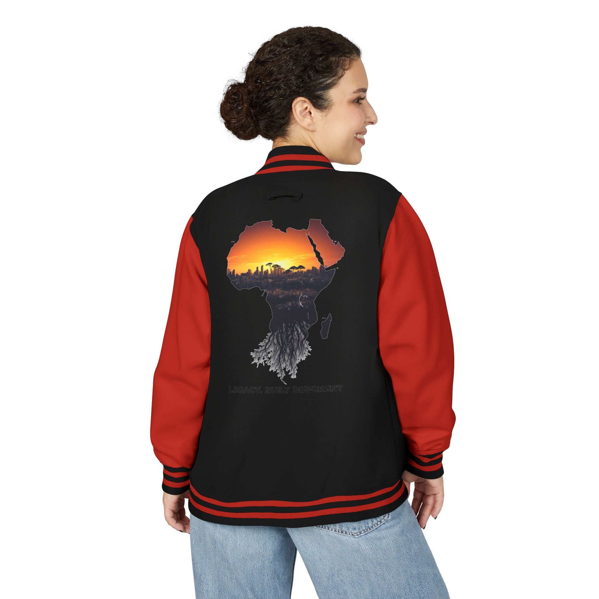 Letterman Jacket — Africa Sunset Map Design ("Legacy. Built Different.")