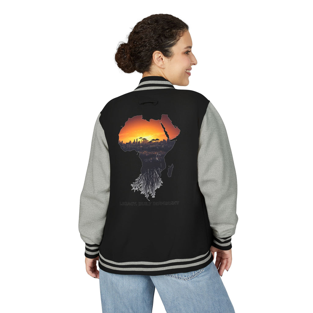 Letterman Jacket — Africa Sunset Map Design ("Legacy. Built Different.")