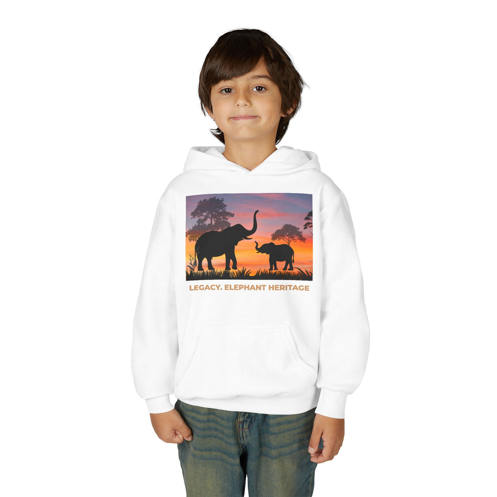 Elephant Sunset Youth Hoodie — "Legacy. Elephant Heritage" Graphic