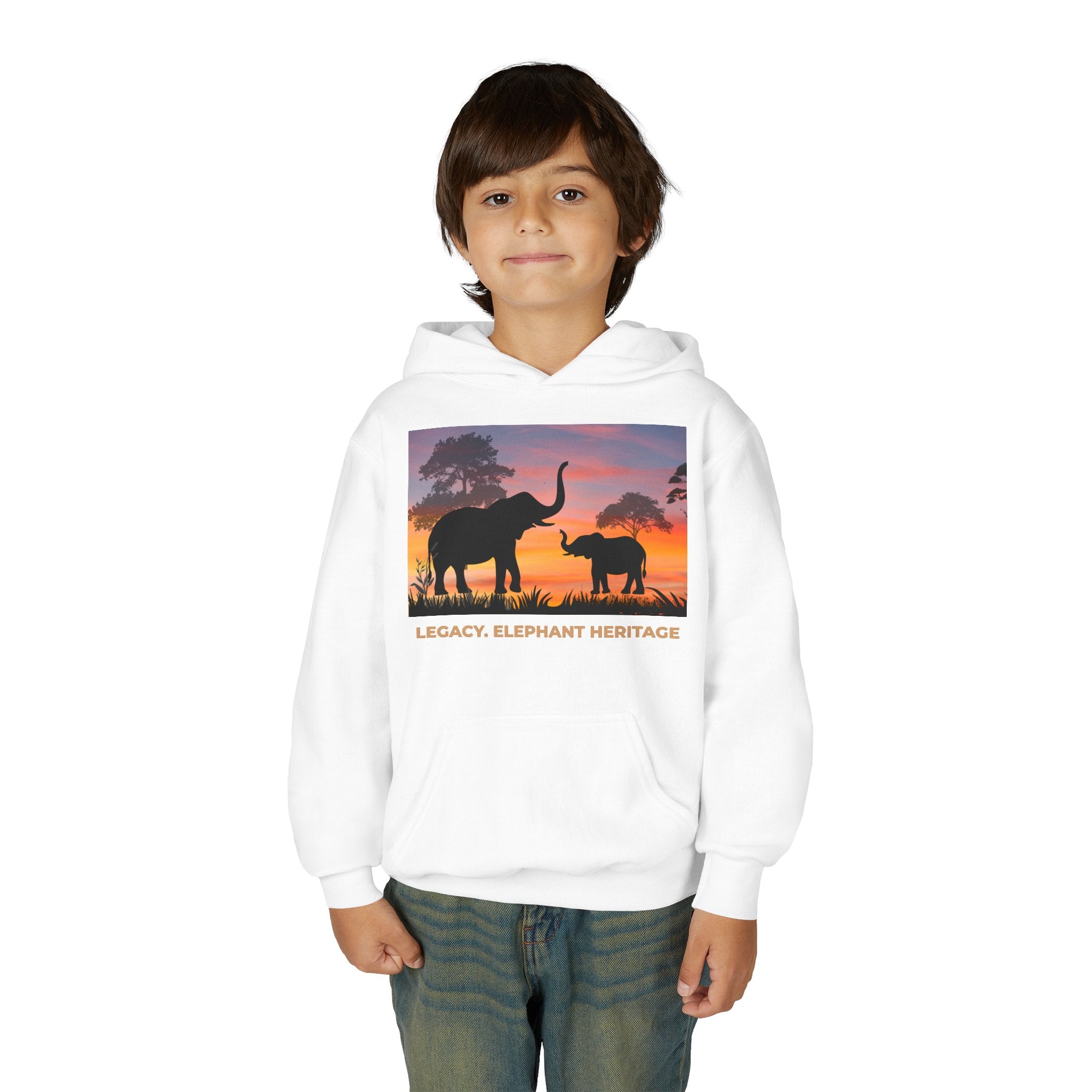 Elephant Sunset Youth Hoodie — "Legacy. Elephant Heritage" Graphic