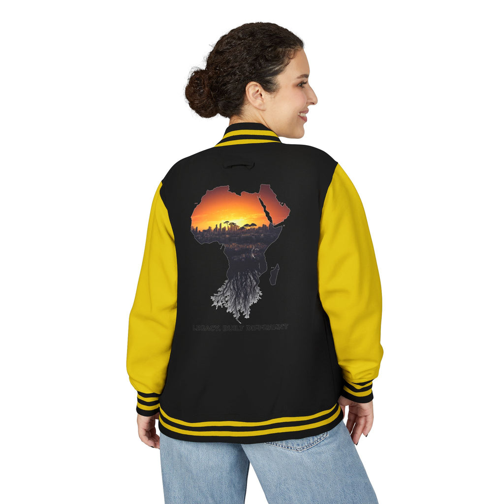 Letterman Jacket — Africa Sunset Map Design ("Legacy. Built Different.")