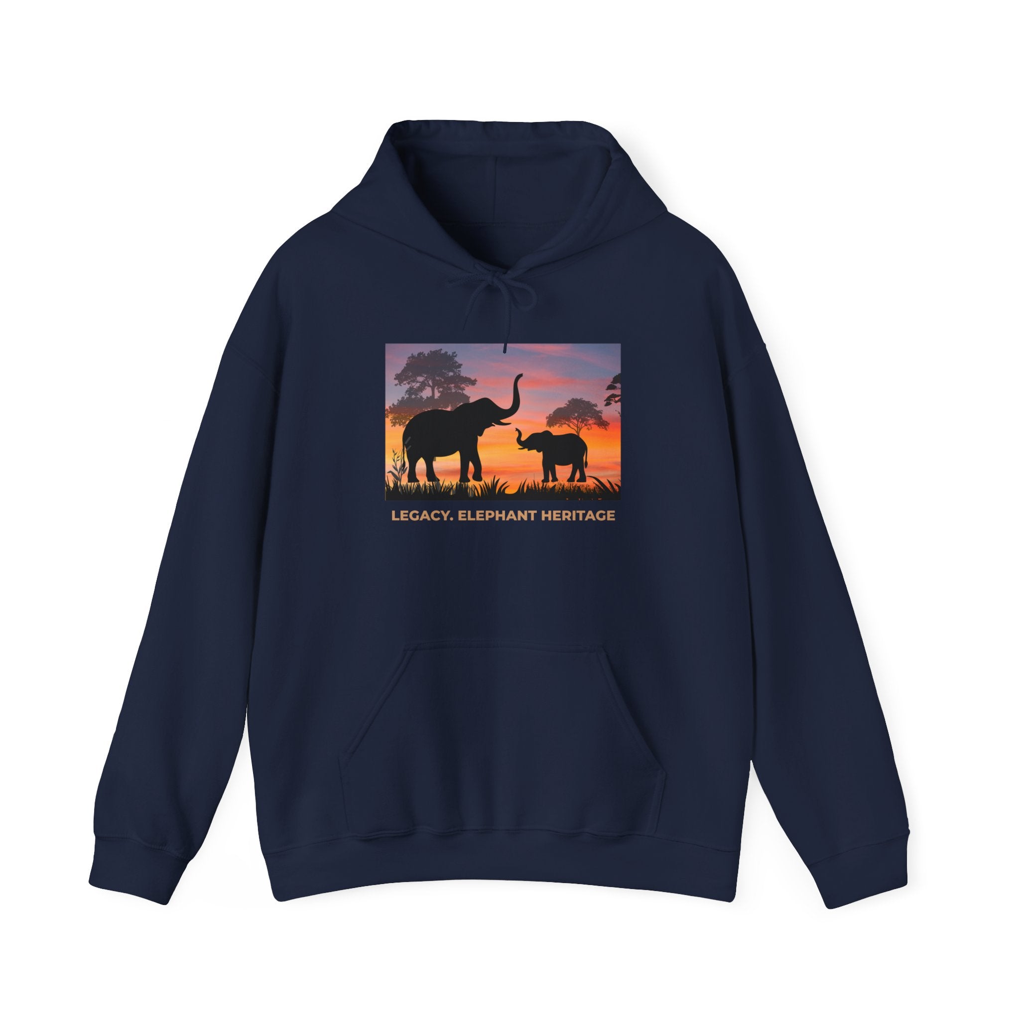 Elephant Sunset Hoodie — "Legacy, Elephant Heritage" Graphic Sweatshirt