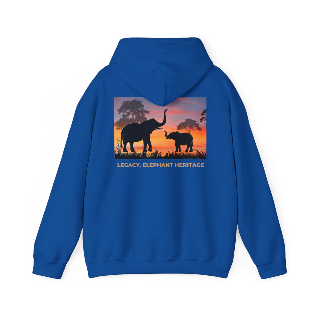 Elephant Heritage Hoodie — Sunset Silhouette "Legacy. Elephant Heritage"