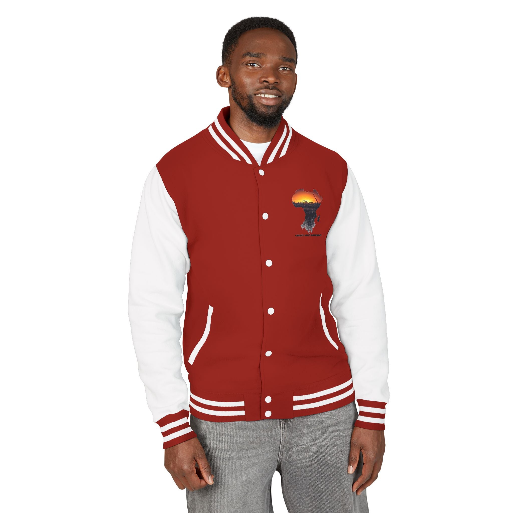 Letterman Jacket — Africa Sunset Map Design ("Legacy. Built Different.")