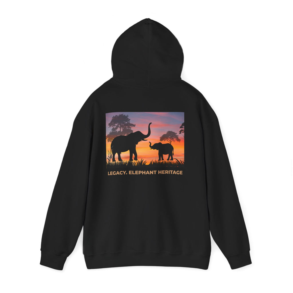 Elephant Heritage Hoodie — Sunset Silhouette "Legacy. Elephant Heritage"