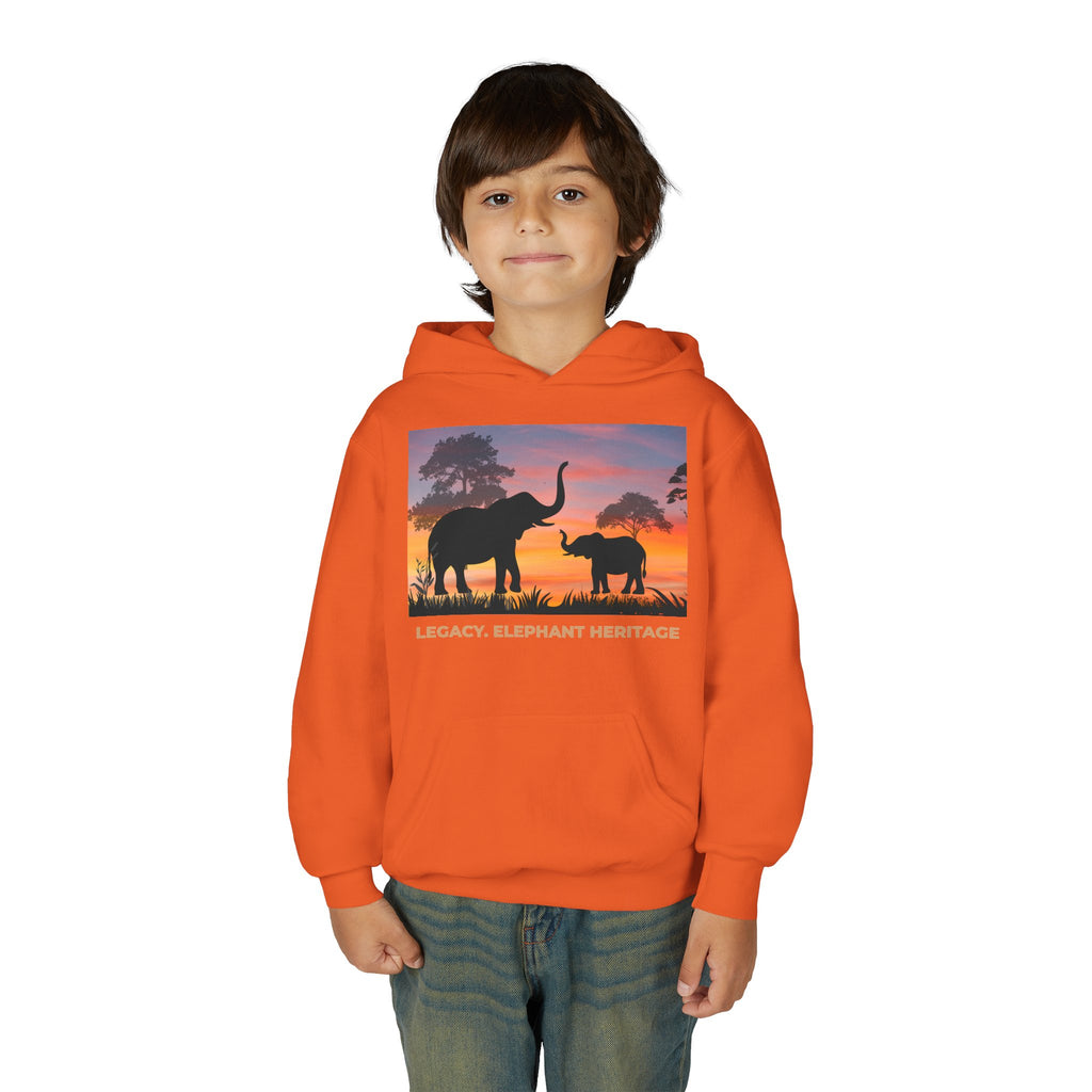 Elephant Sunset Youth Hoodie — "Legacy. Elephant Heritage" Graphic