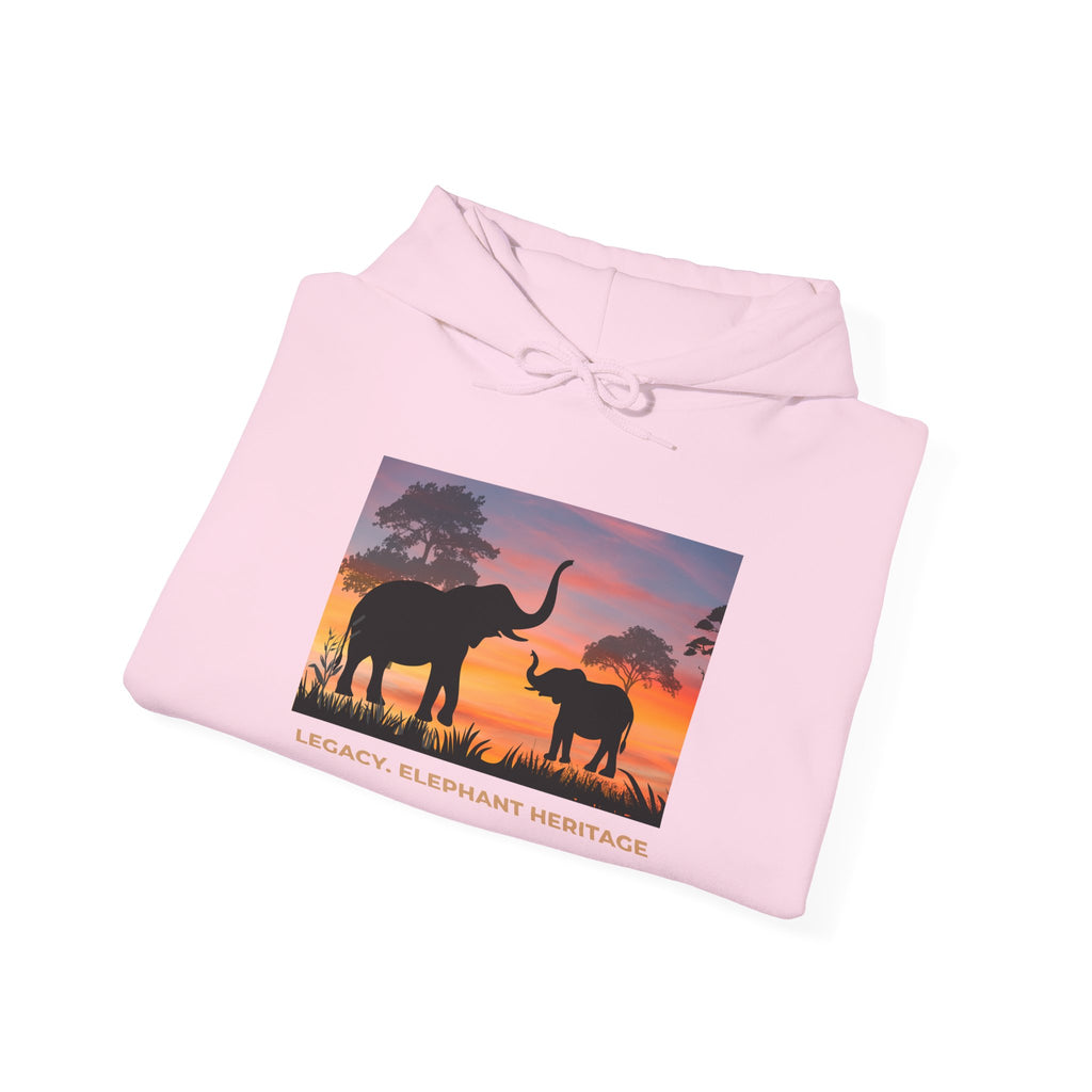 Elephant Sunset Hoodie — "Legacy, Elephant Heritage" Graphic Sweatshirt