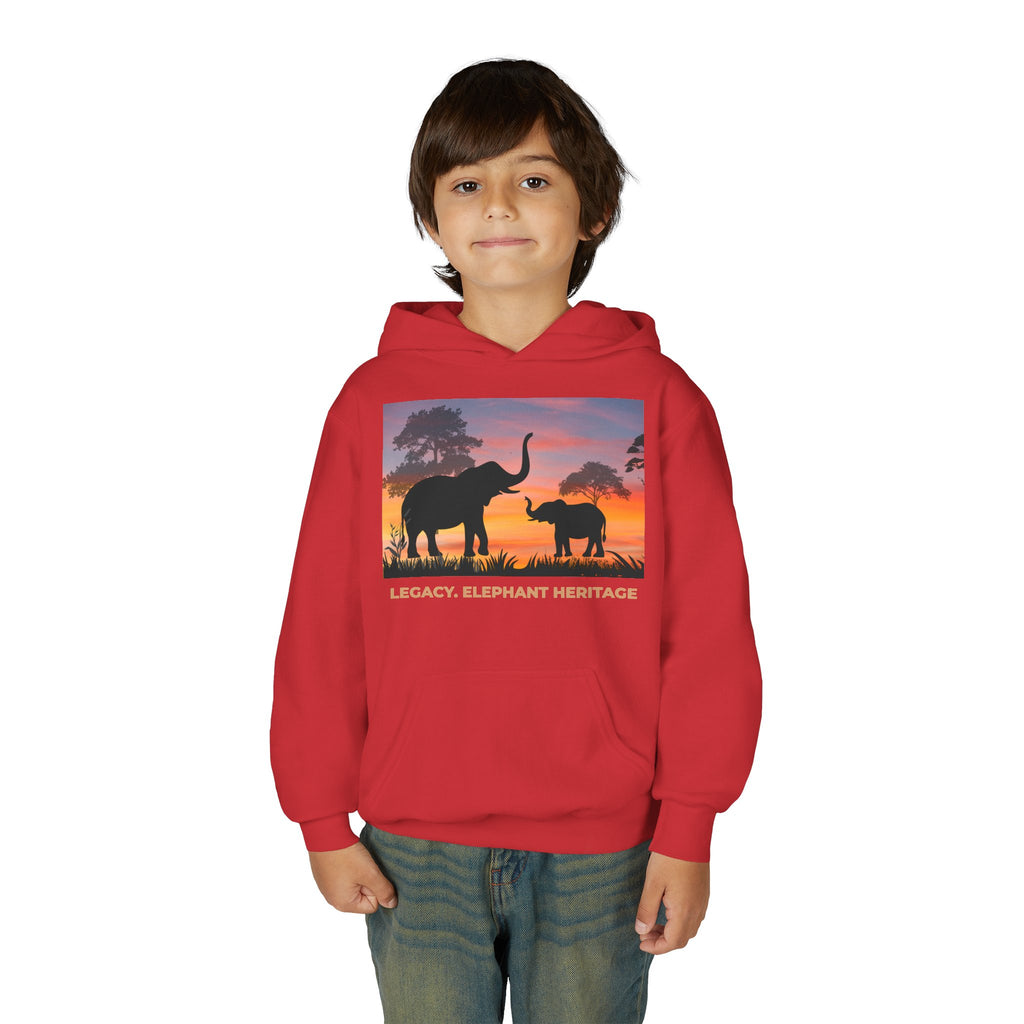 Elephant Sunset Youth Hoodie — "Legacy. Elephant Heritage" Graphic