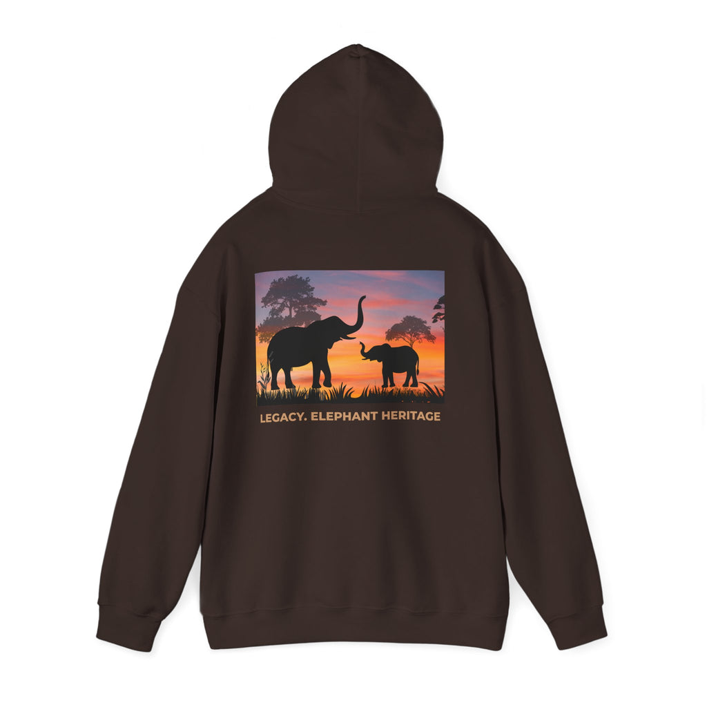 Elephant Heritage Hoodie — Sunset Silhouette "Legacy. Elephant Heritage"