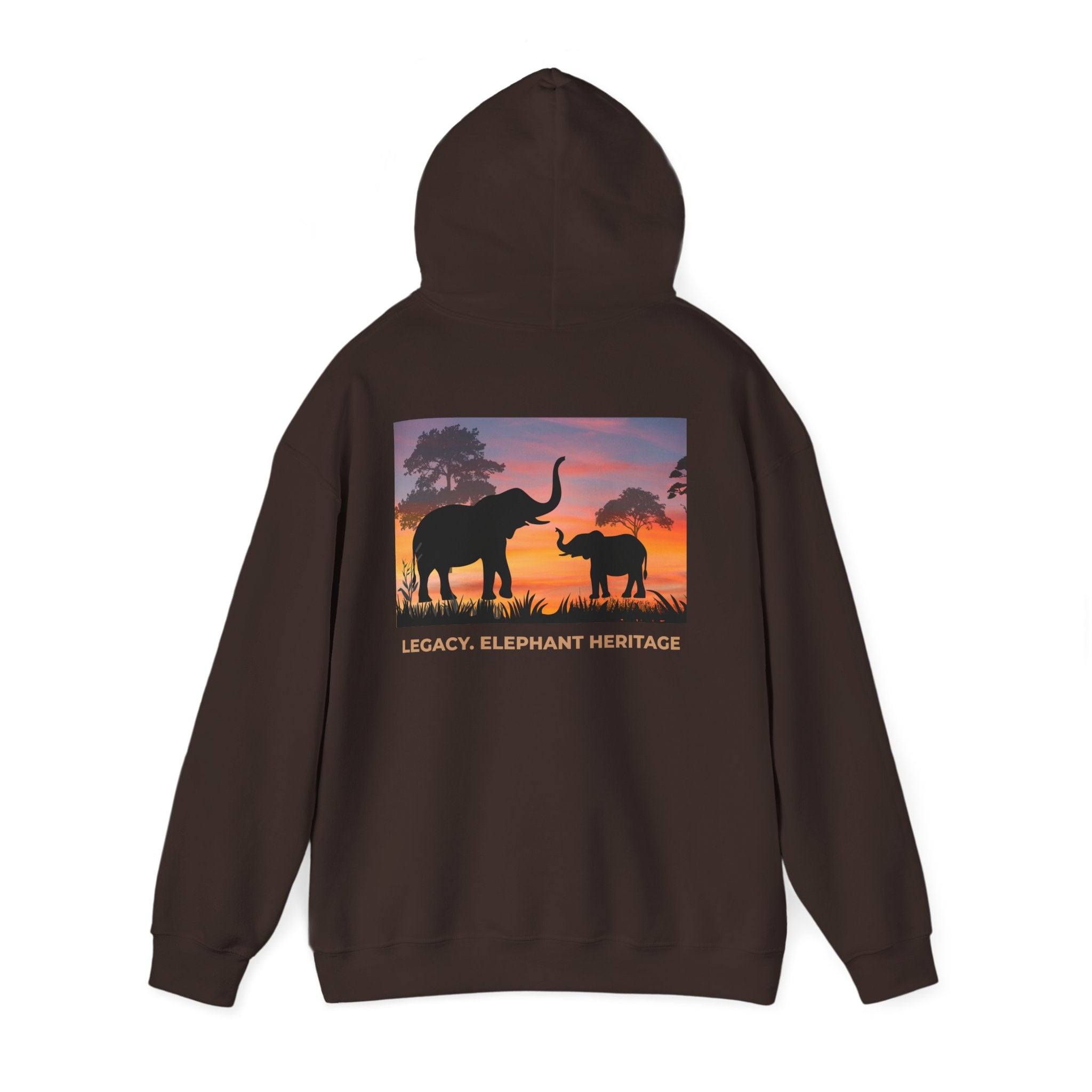 Elephant Heritage Hoodie — Sunset Silhouette "Legacy. Elephant Heritage"