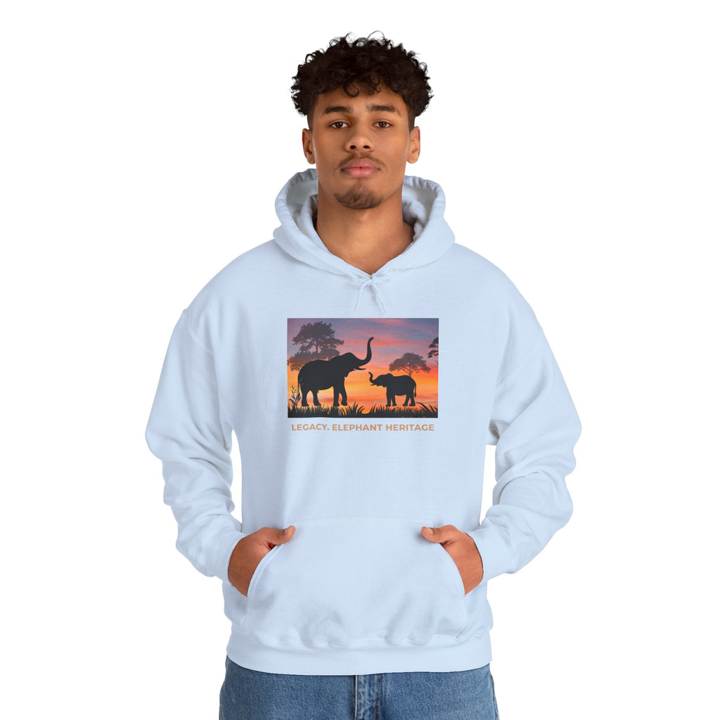 Elephant Heritage Hoodie — Sunset Silhouette "Legacy. Elephant Heritage"