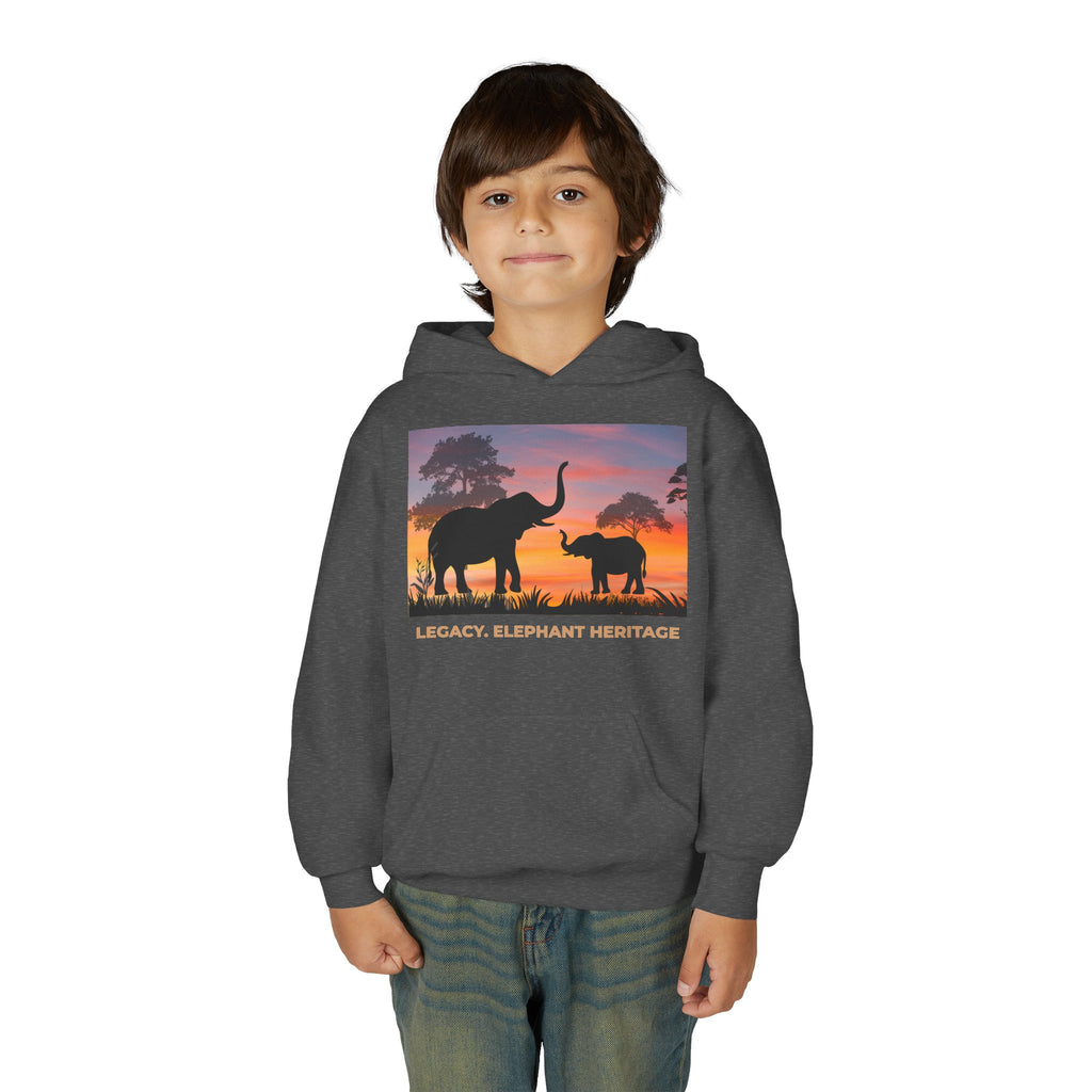 Elephant Sunset Youth Hoodie — "Legacy. Elephant Heritage" Graphic