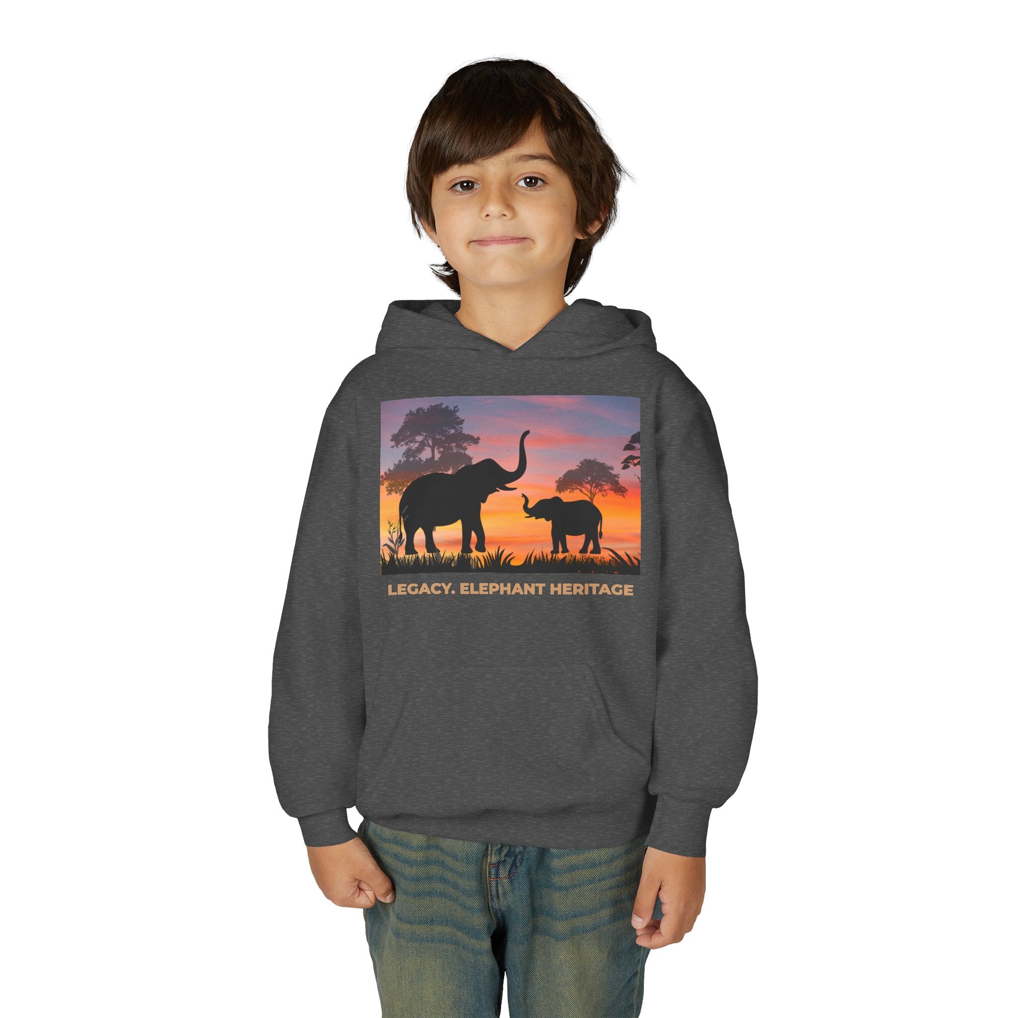 Elephant Sunset Youth Hoodie — "Legacy. Elephant Heritage" Graphic