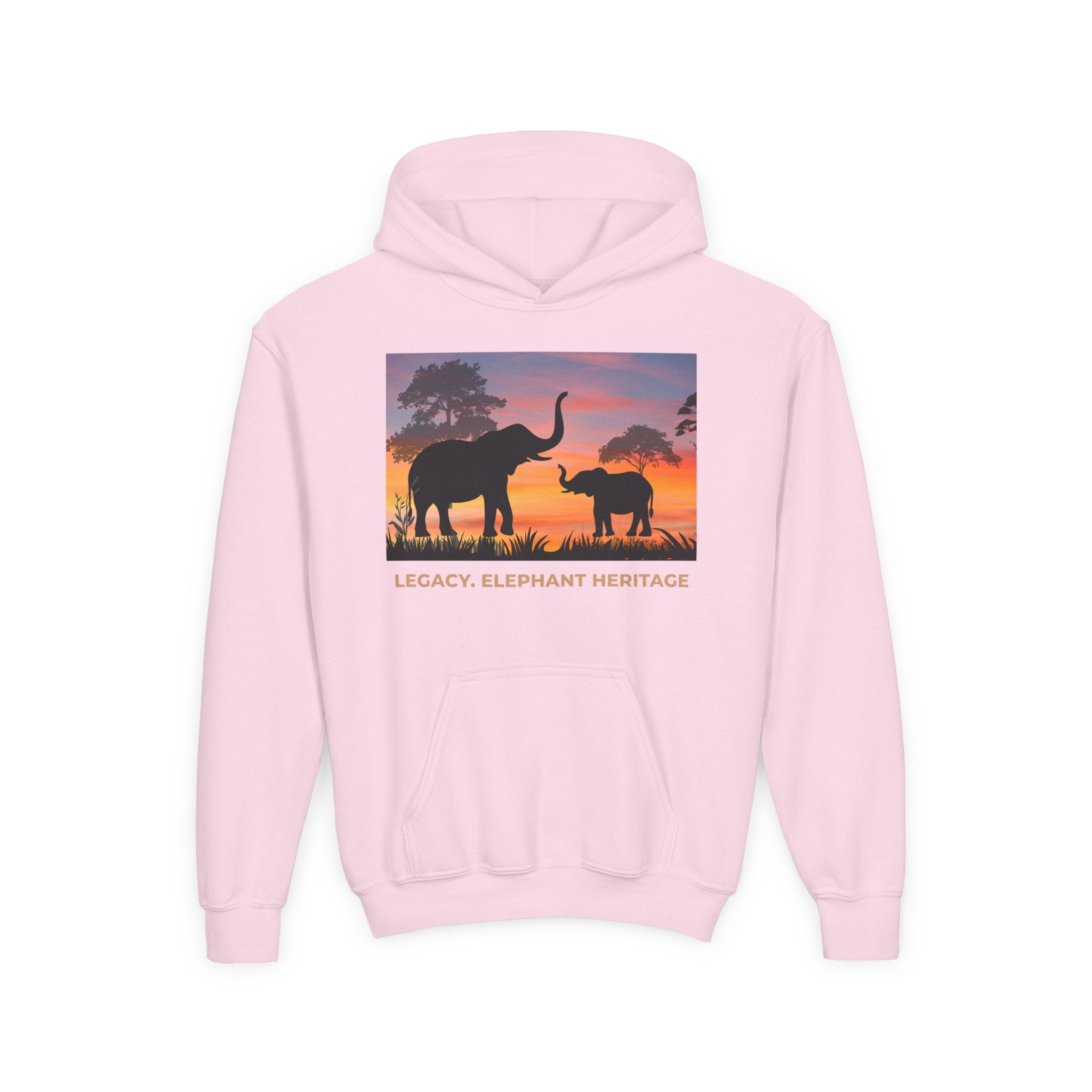Elephant Sunset Youth Hoodie — "Legacy. Elephant Heritage" Graphic