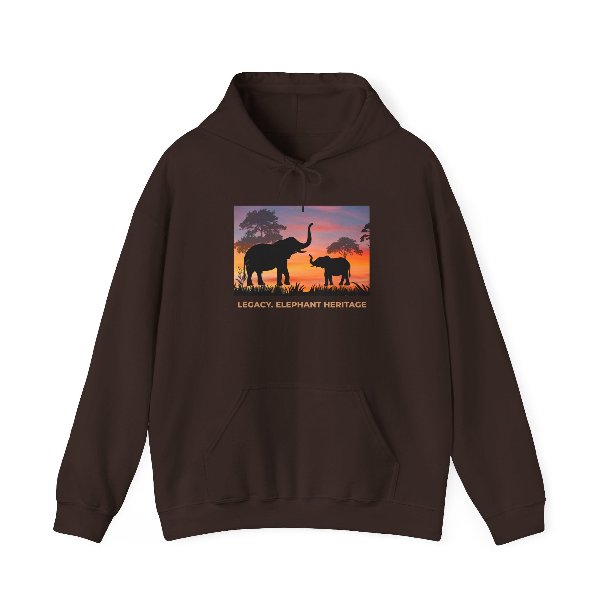 Elephant Heritage Hoodie — Sunset Silhouette "Legacy. Elephant Heritage"