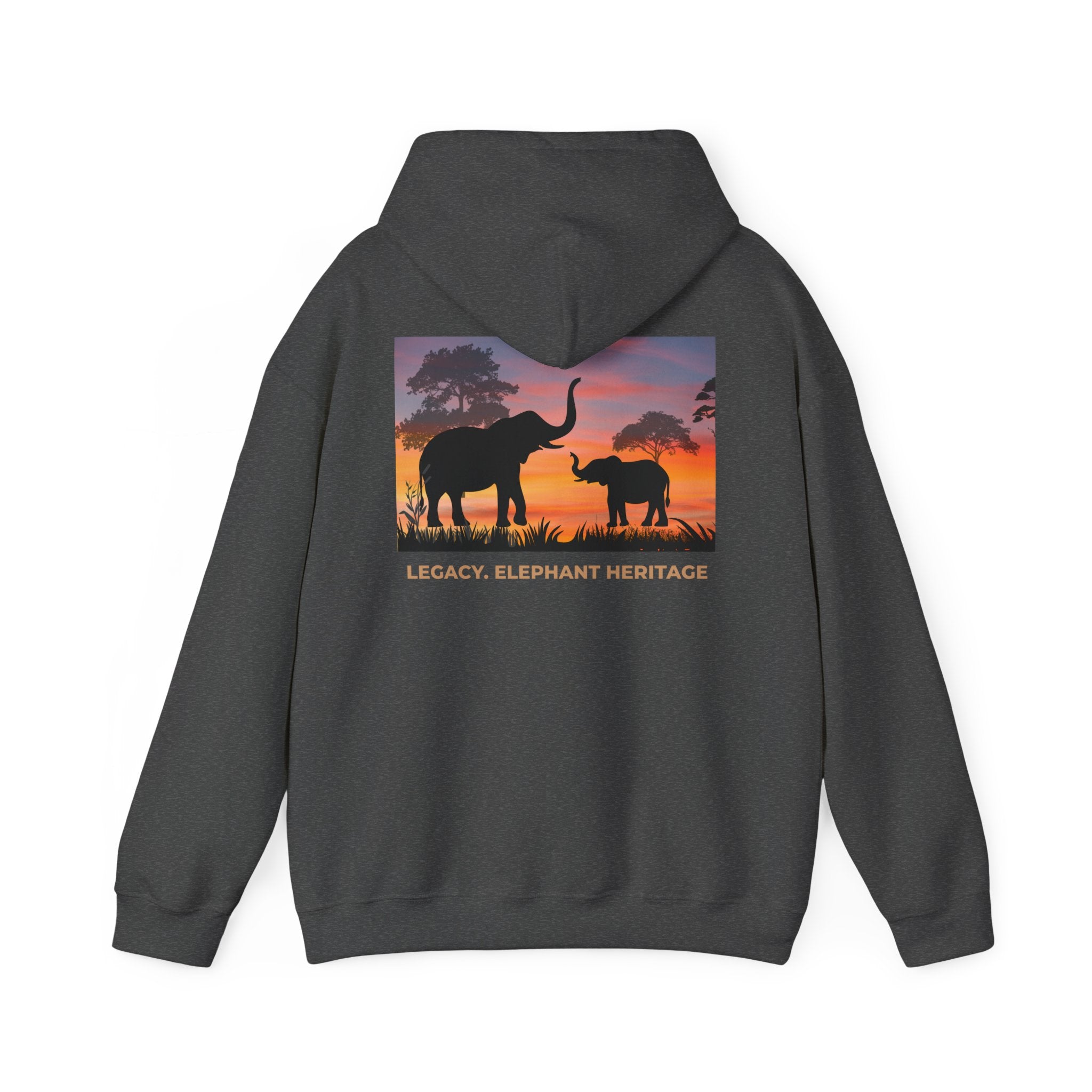 Elephant Heritage Hoodie — Sunset Silhouette "Legacy. Elephant Heritage"