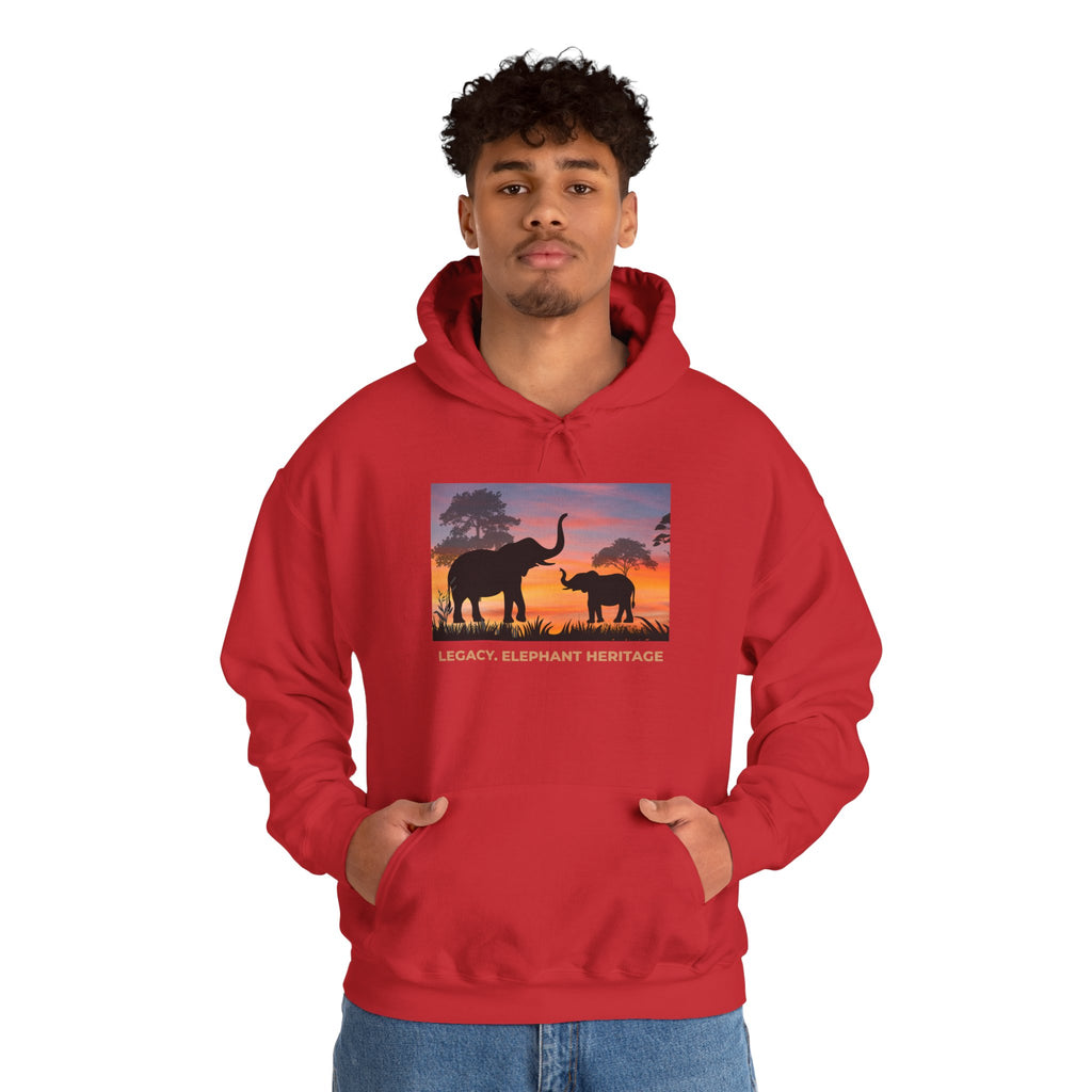 Elephant Sunset Hoodie — "Legacy, Elephant Heritage" Graphic Sweatshirt