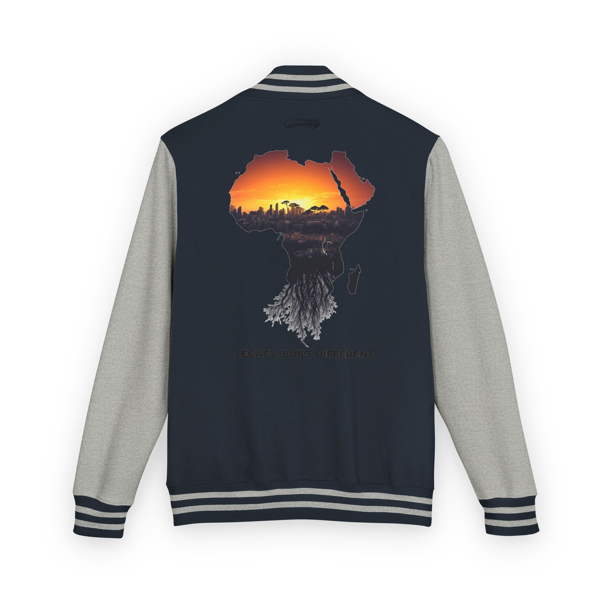 Letterman Jacket — Africa Sunset Map Design ("Legacy. Built Different.")