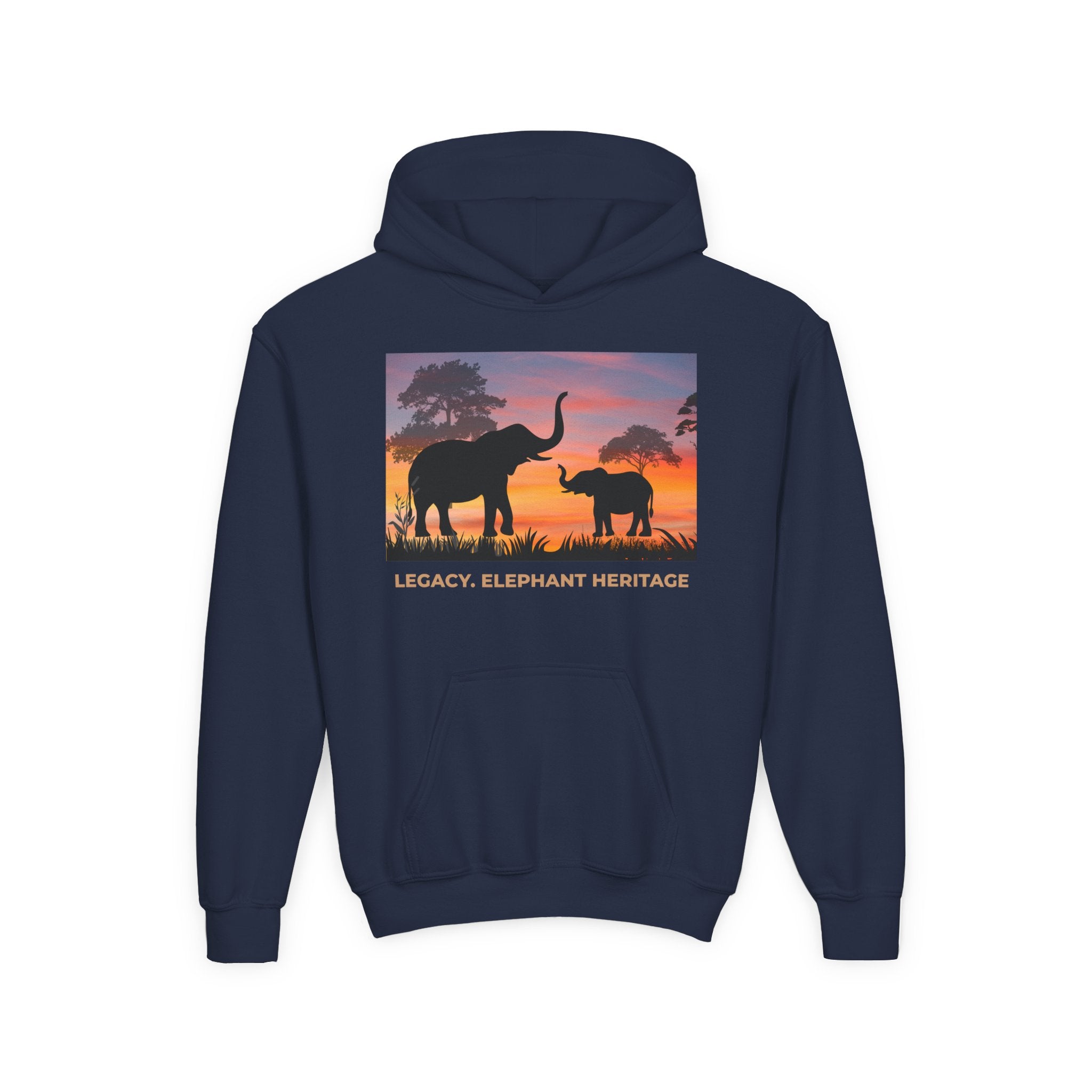 Elephant Sunset Youth Hoodie — "Legacy. Elephant Heritage" Graphic